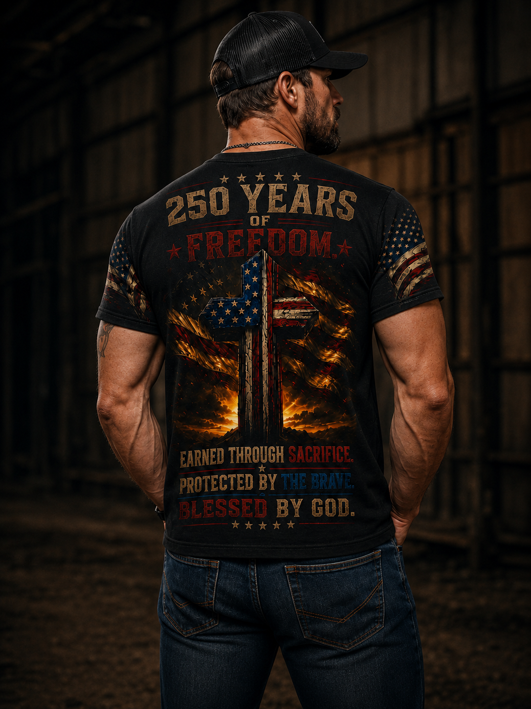Patriotic Cross Tee – "Salute the Flag, Worship the Cross" All-Over Print