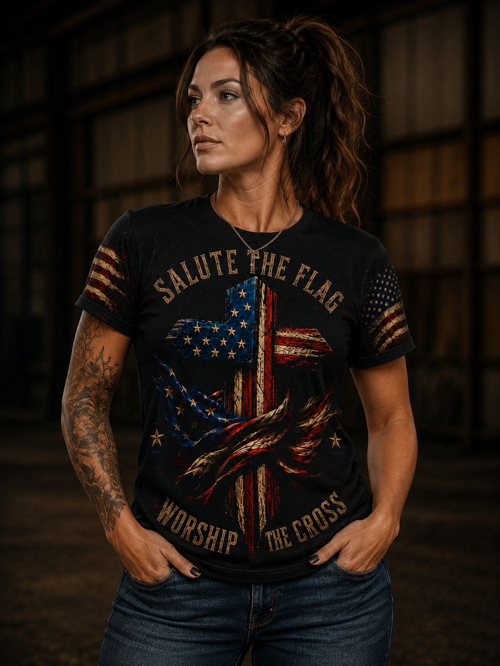 Patriotic Cross Tee – "Salute the Flag, Worship the Cross" All-Over Print