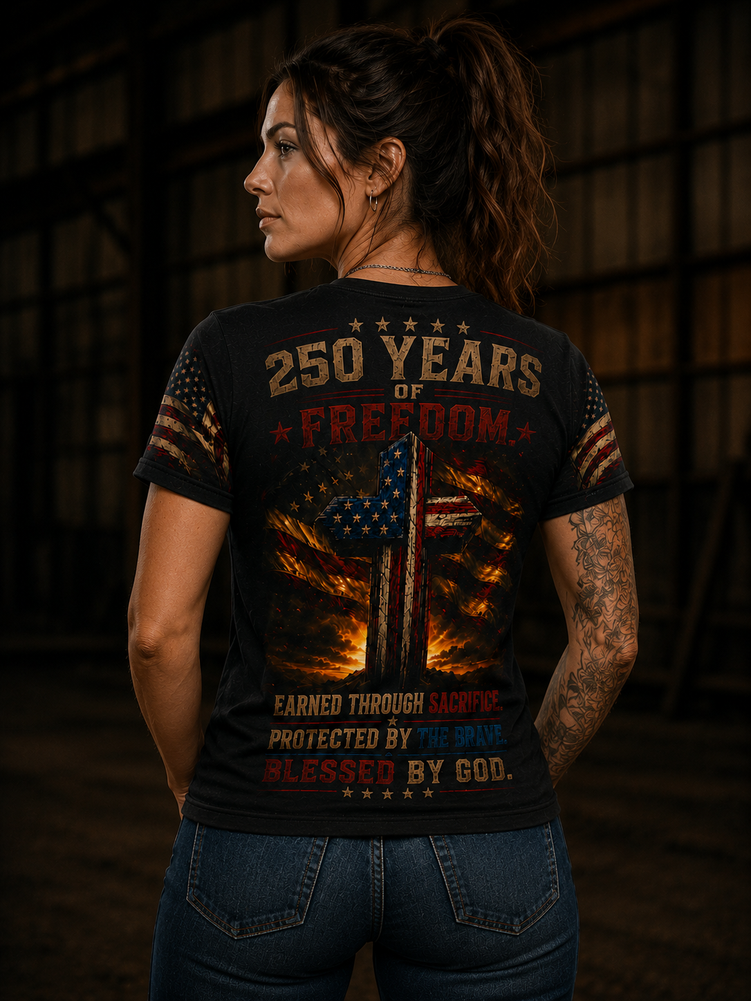 Patriotic Cross Tee – "Salute the Flag, Worship the Cross" All-Over Print