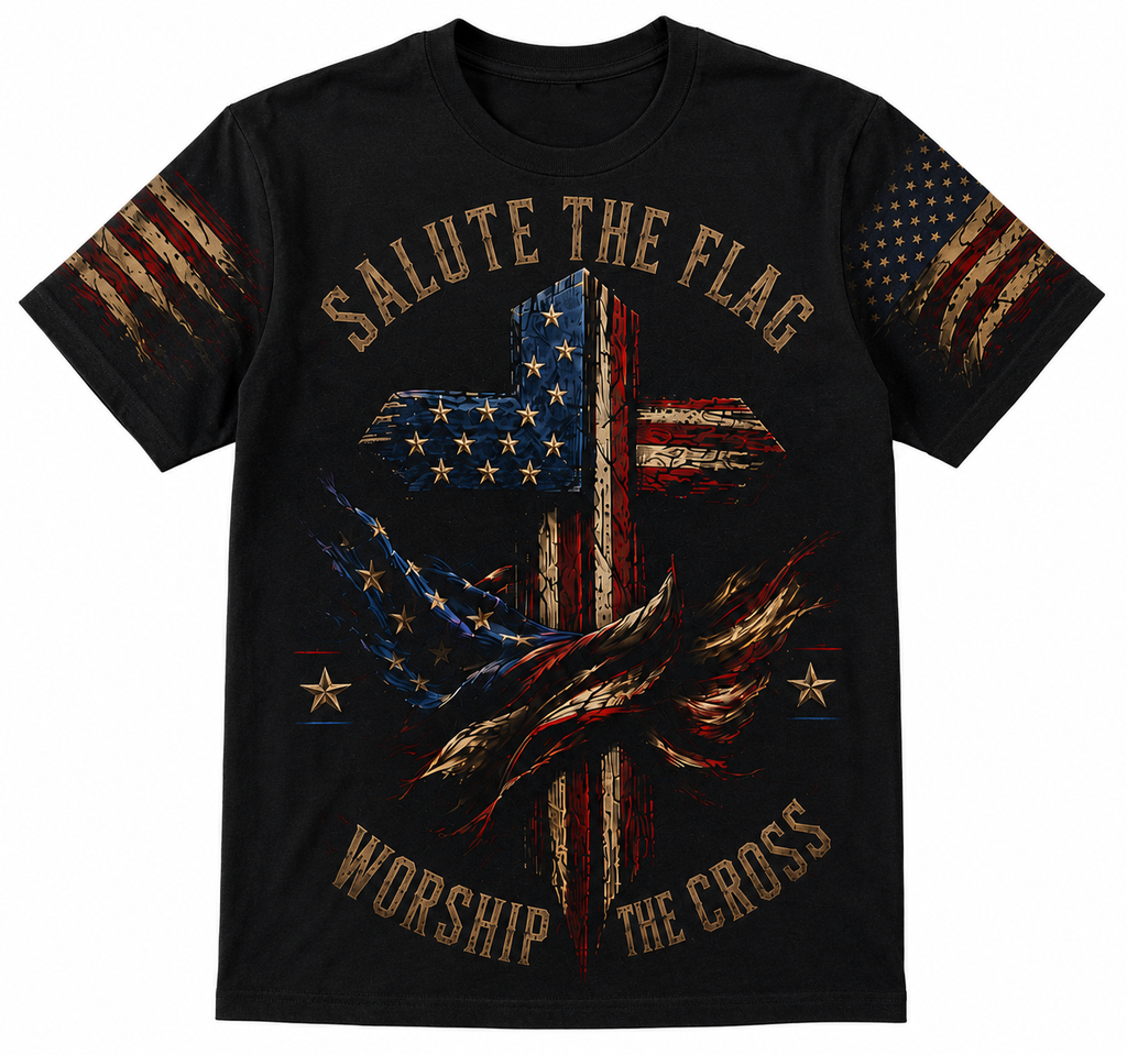 Patriotic Cross Tee – "Salute the Flag, Worship the Cross" All-Over Print