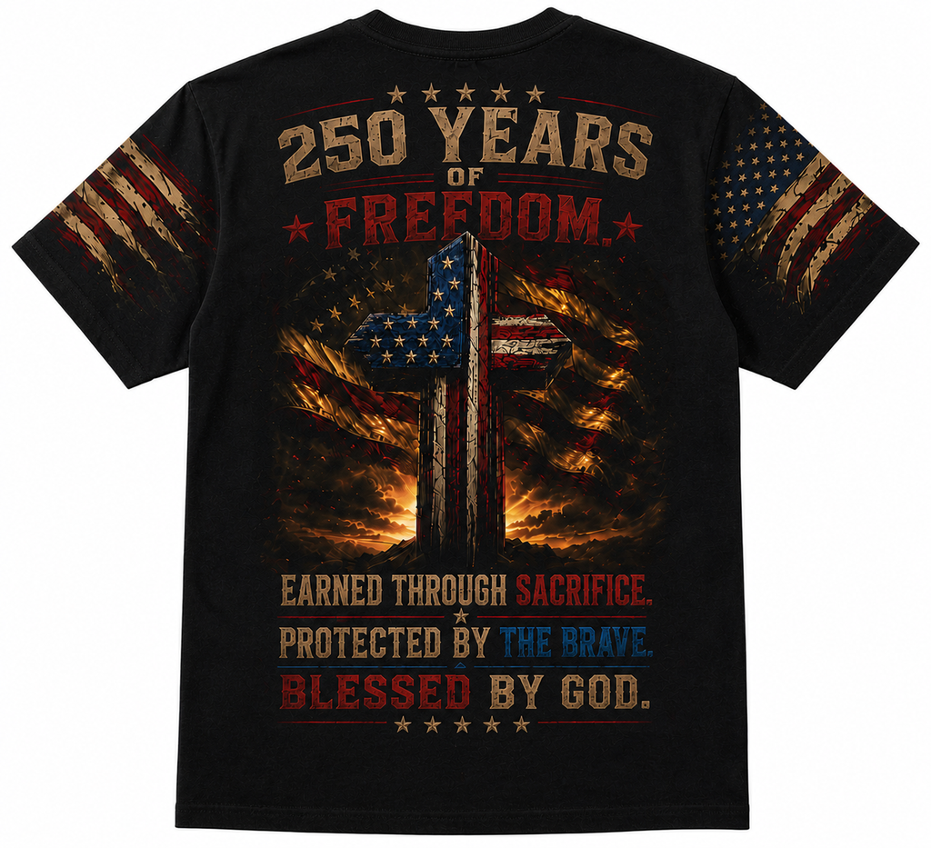 Patriotic Cross Tee – "Salute the Flag, Worship the Cross" All-Over Print
