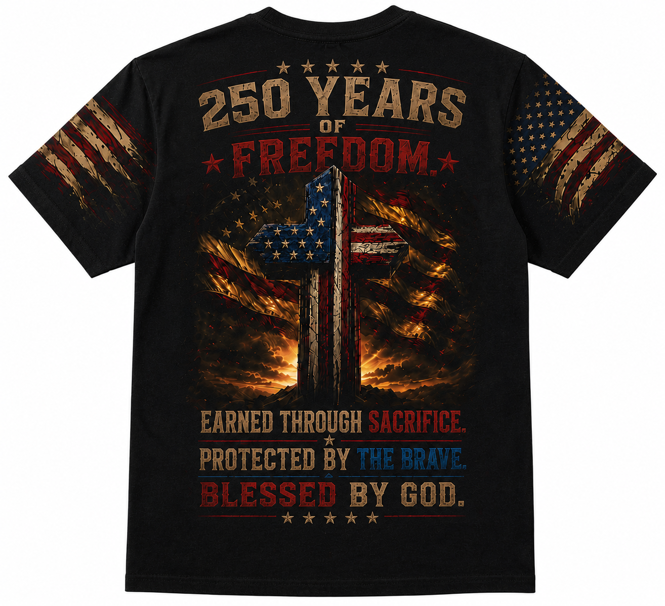Patriotic Cross Tee – "Salute the Flag, Worship the Cross" All-Over Print