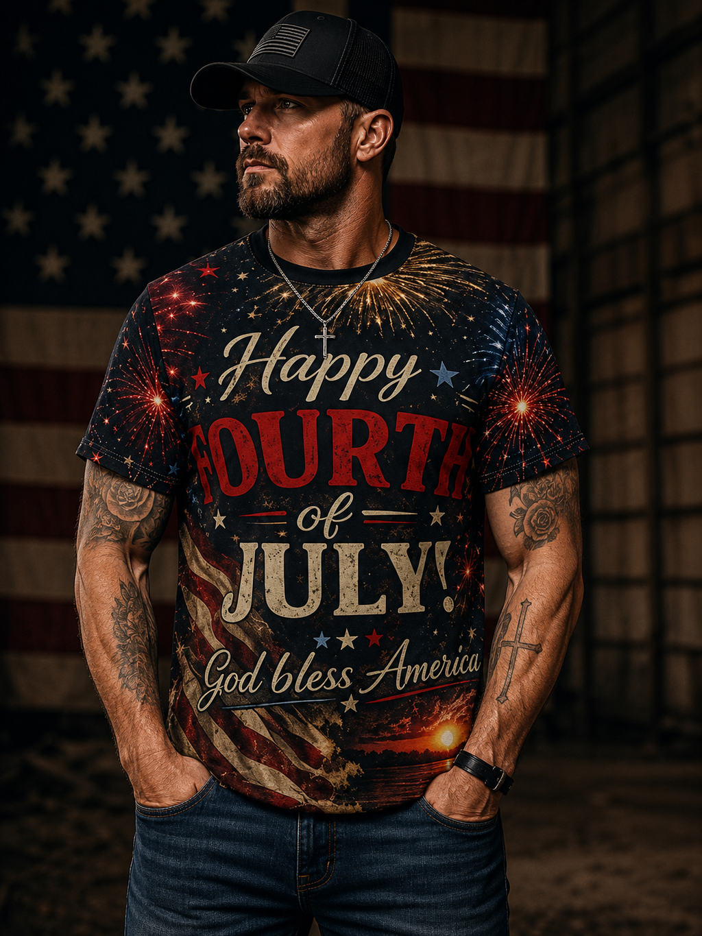 Fourth of July Tee - "Happy Fourth of July! God Bless America" All-Over Print