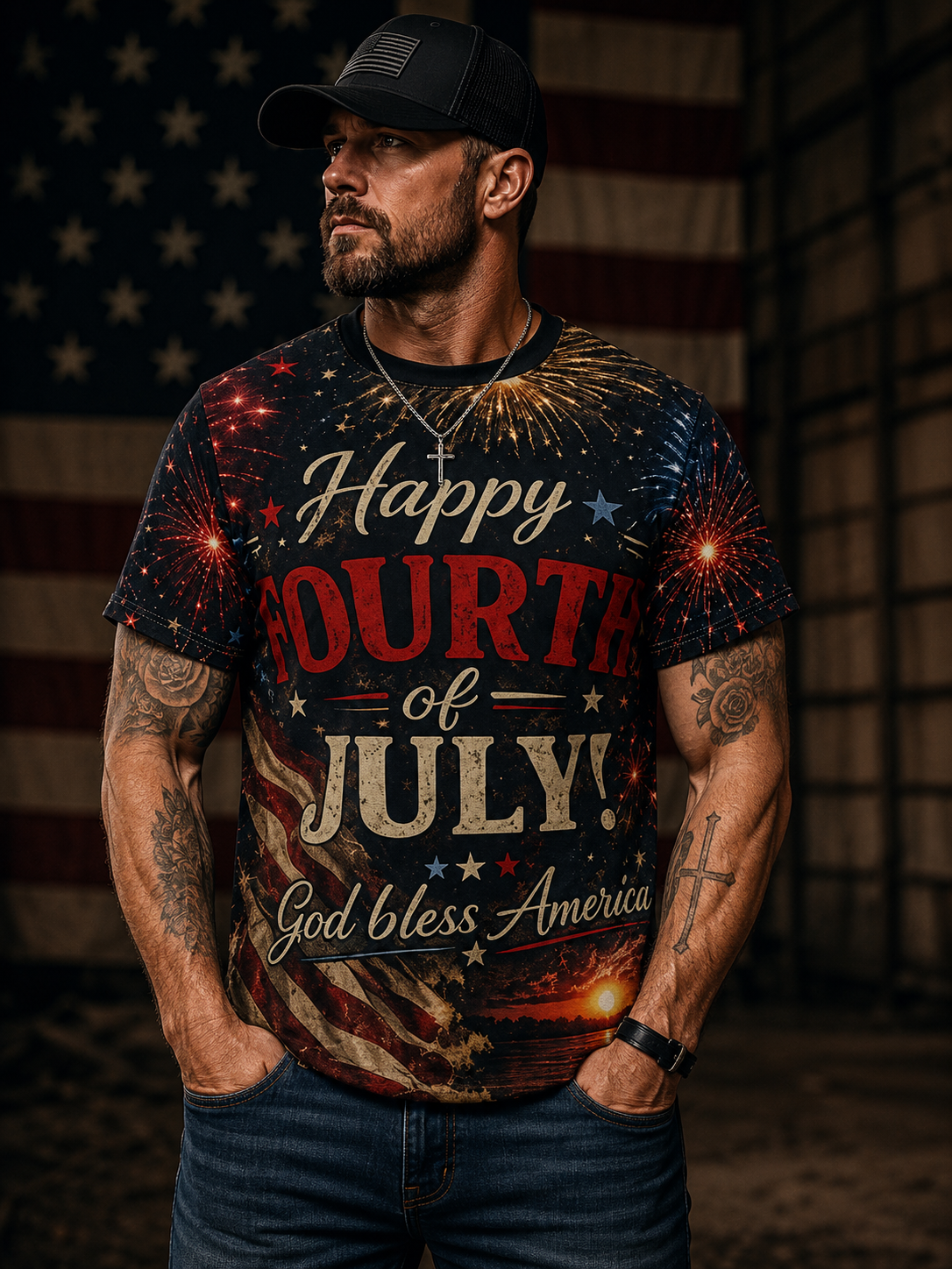 Fourth of July Tee - "Happy Fourth of July! God Bless America" All-Over Print