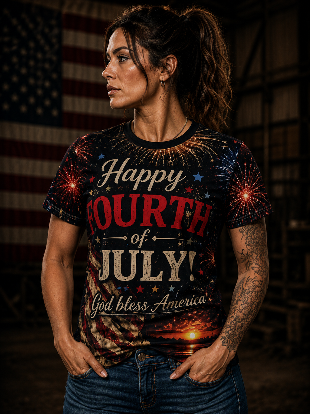 Fourth of July Tee - "Happy Fourth of July! God Bless America" All-Over Print