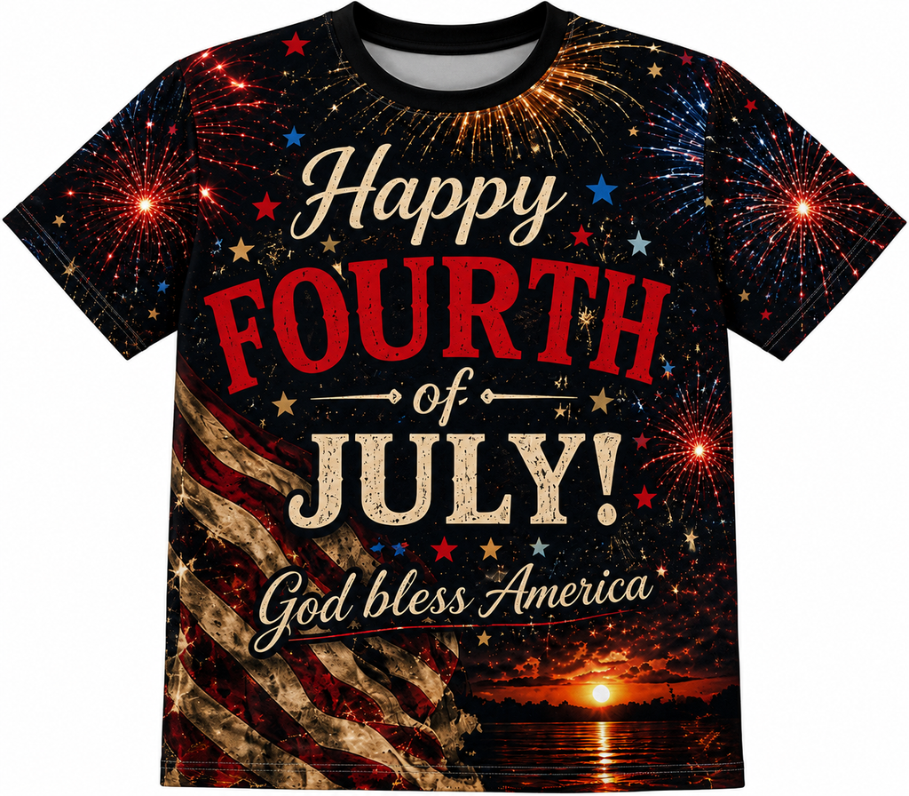 Fourth of July Tee - "Happy Fourth of July! God Bless America" All-Over Print