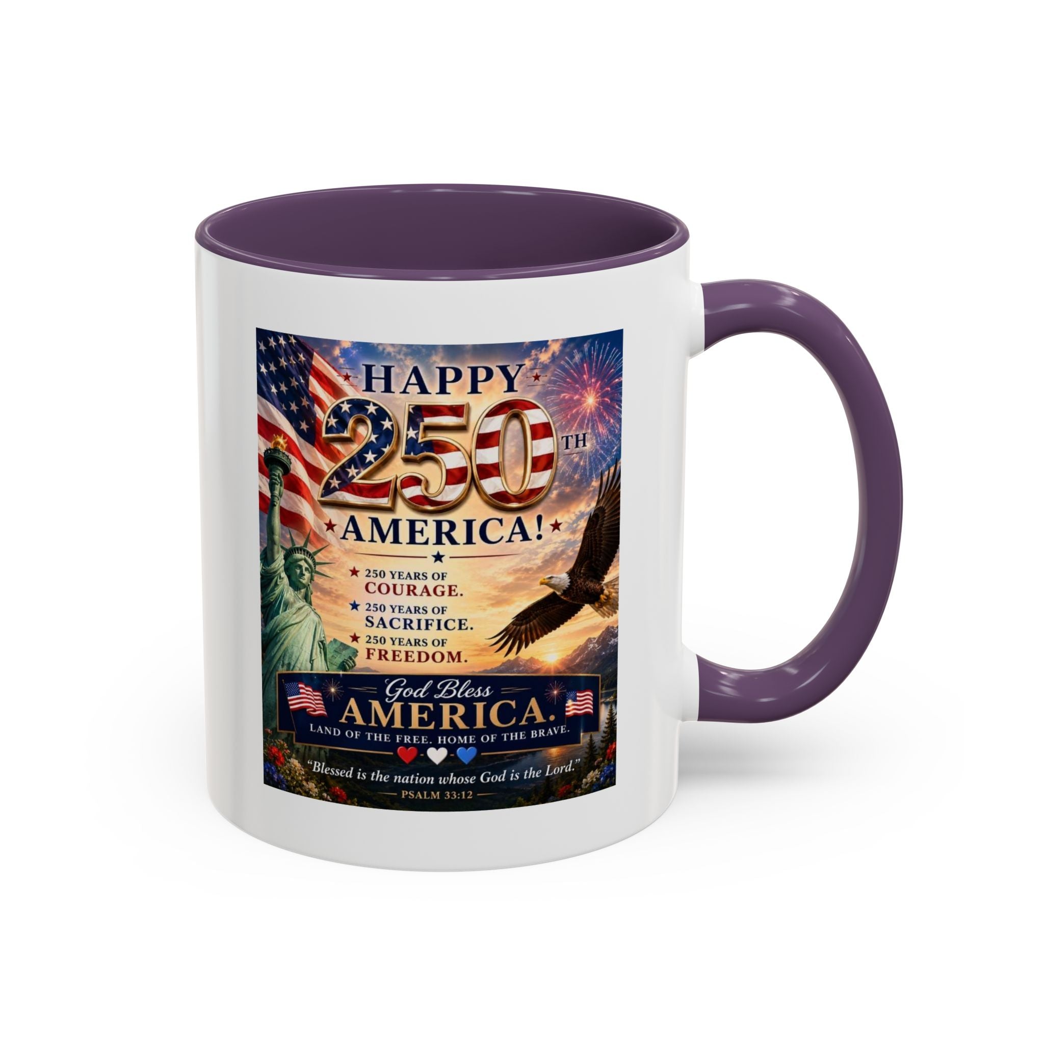 Happy 250th America Coffee Mug — Patriotic Statue of Liberty & Eagle 4th of July Gift