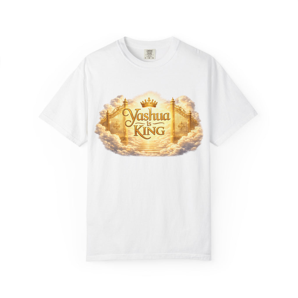 Yashua Is King T‑Shirt — Heavenly Gold Faith Tee (Back: "Ascend beyond limits")