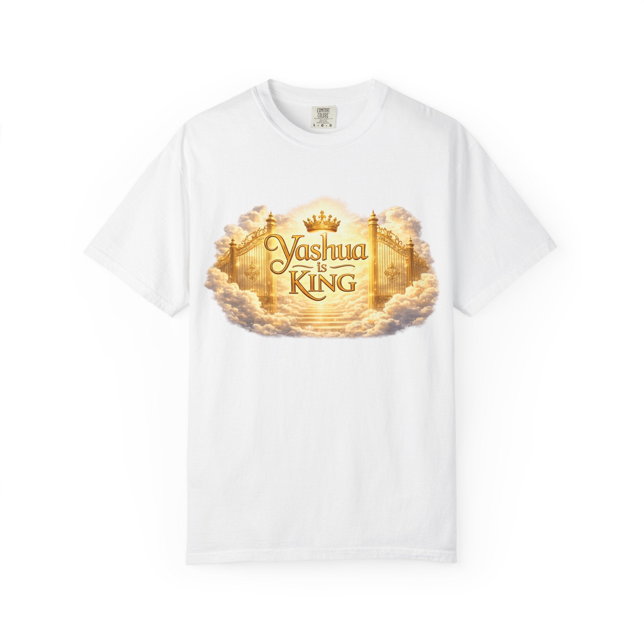 Yashua Is King T‑Shirt — Heavenly Gold Faith Tee (Back: "Ascend beyond limits")