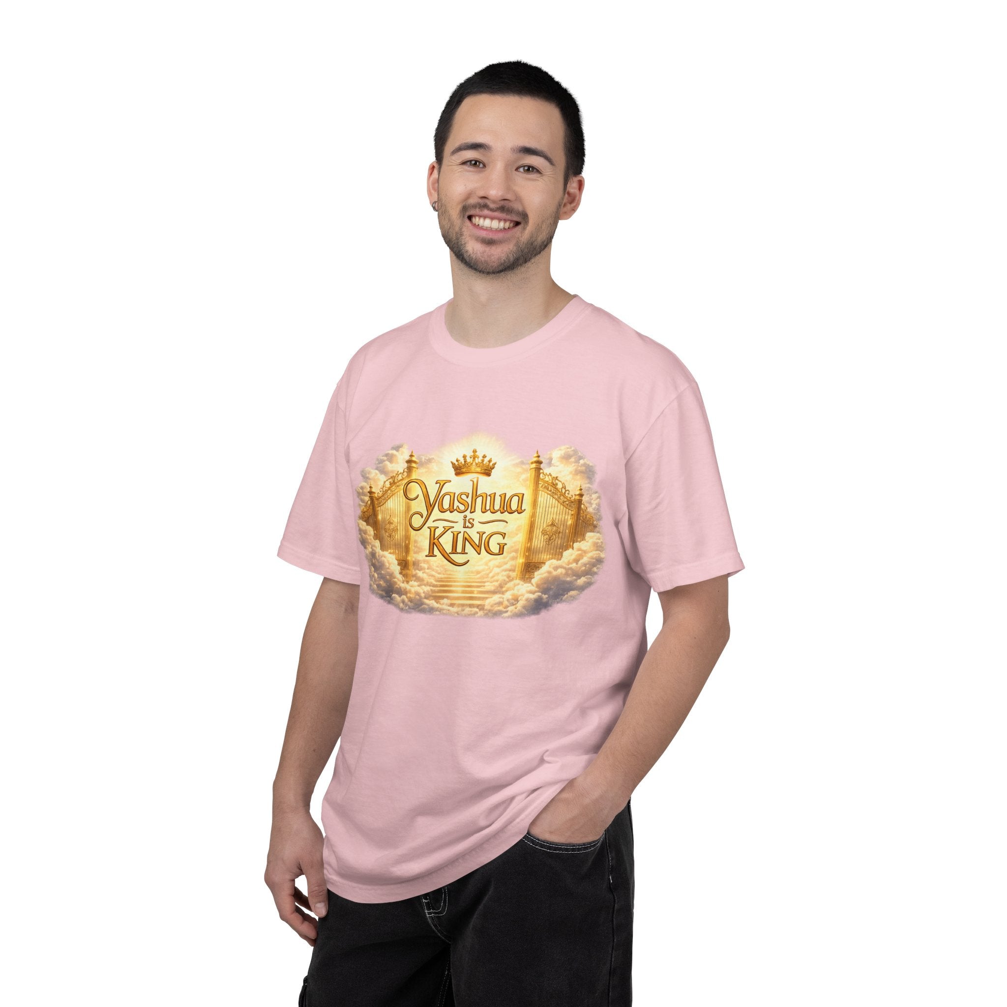 Yashua Is King T‑Shirt — Heavenly Gold Faith Tee (Back: "Ascend beyond limits")