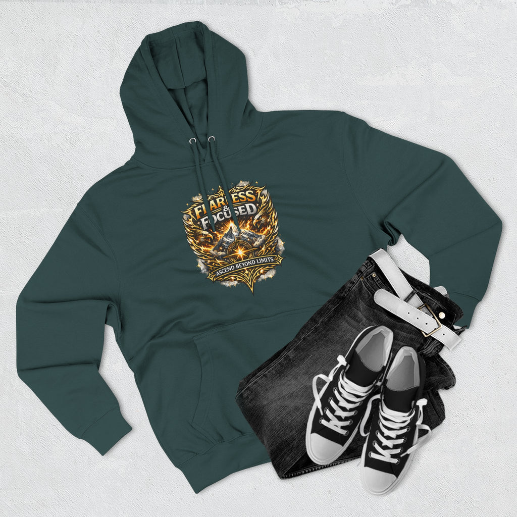 Fearless & Focused Shield Hoodie — Motivational Graphic Pullover