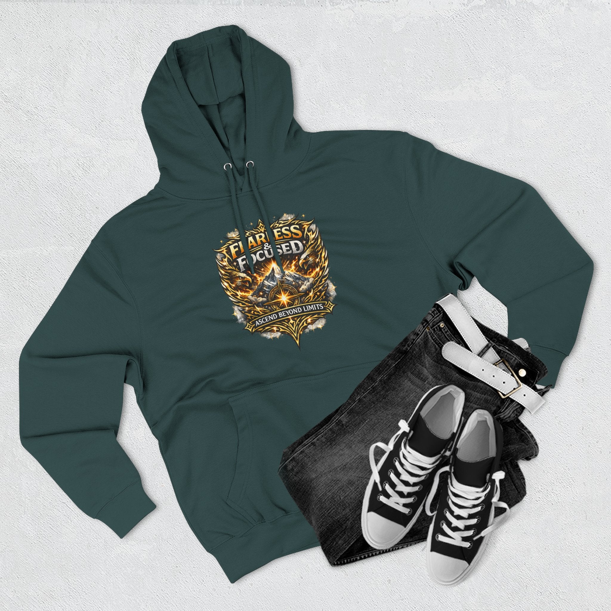 Fearless & Focused Shield Hoodie — Motivational Graphic Pullover