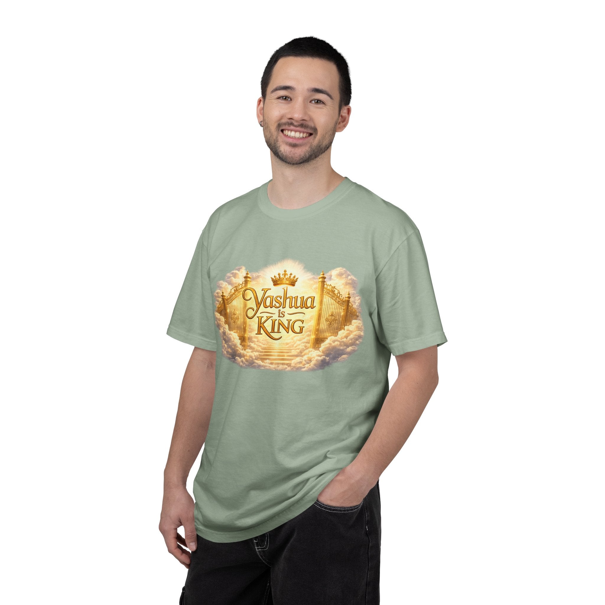 Yashua Is King T‑Shirt — Heavenly Gold Faith Tee (Back: "Ascend beyond limits")