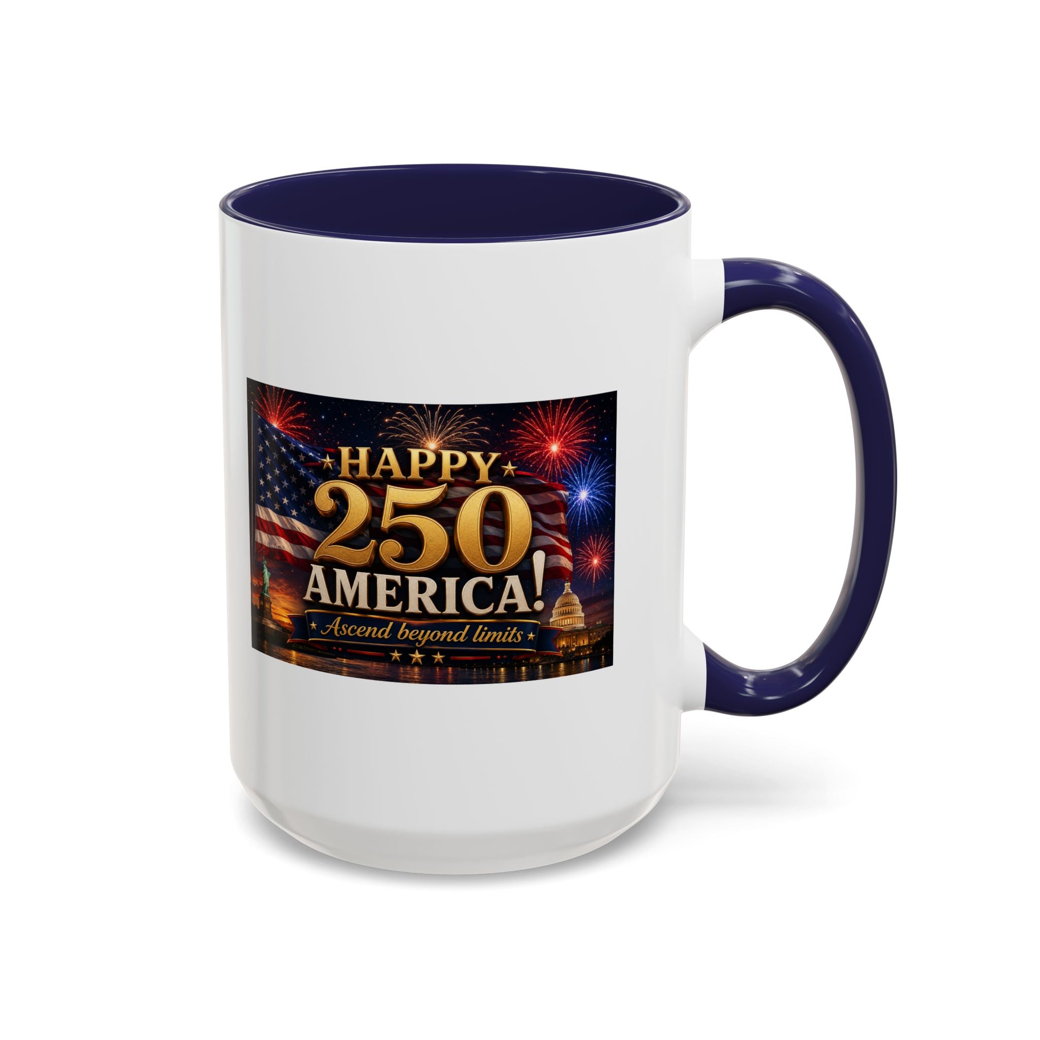 Happy 250 America Accent Coffee Mug — Patriotic Fireworks & Flag 11/15oz