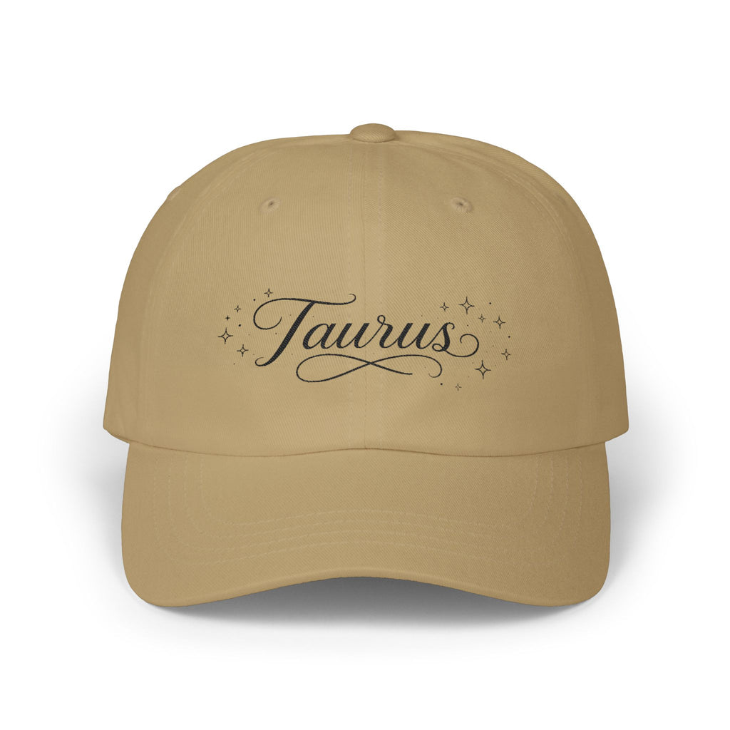 Taurus Dad Cap — Script Astrology Baseball Hat with Sparkle Accents