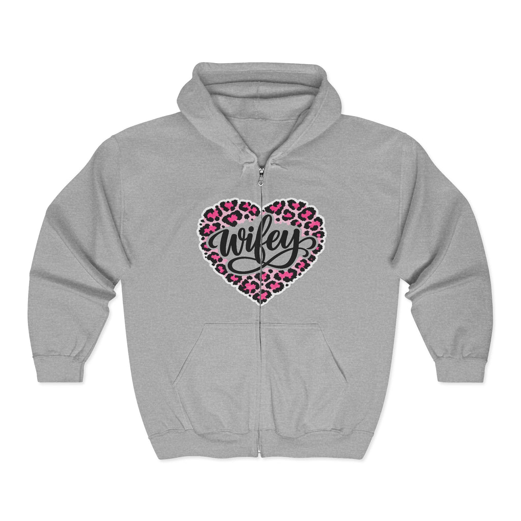 Wifey Leopard Heart Zip Hoodie — Pink Animal Print "Wifey" Full-Zip Sweatshirt