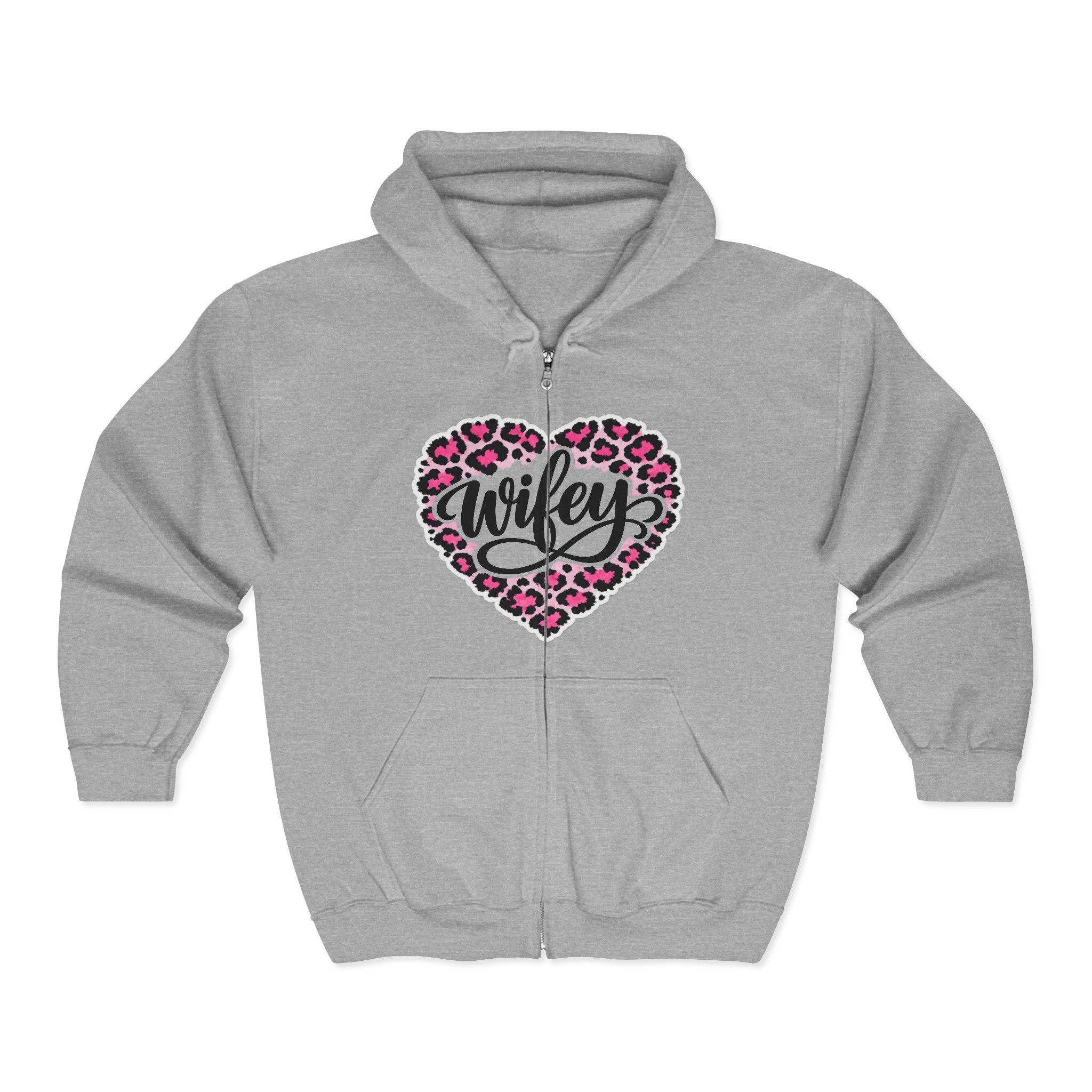 Wifey Leopard Heart Zip Hoodie — Pink Animal Print "Wifey" Full-Zip Sweatshirt