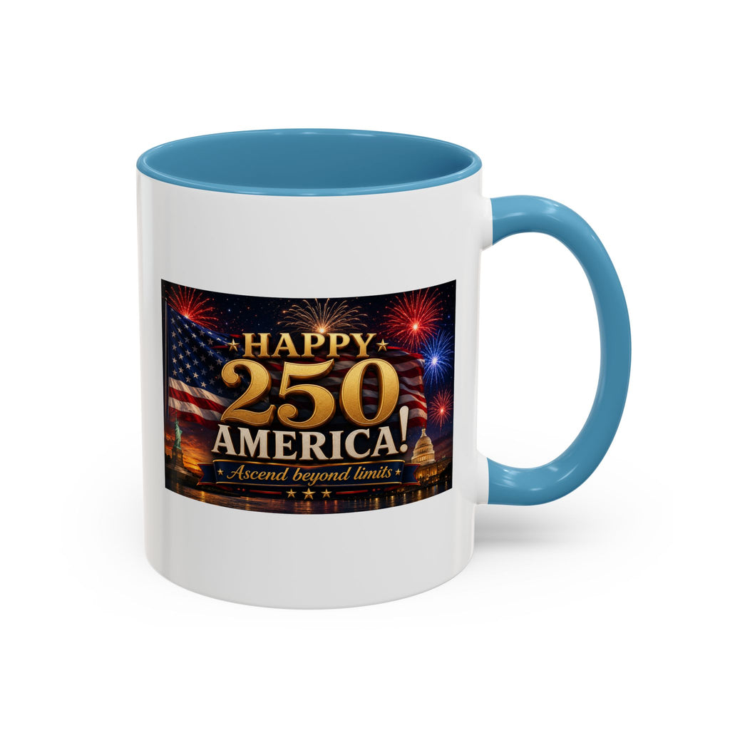 Happy 250 America Accent Coffee Mug — Patriotic Fireworks & Flag 11/15oz