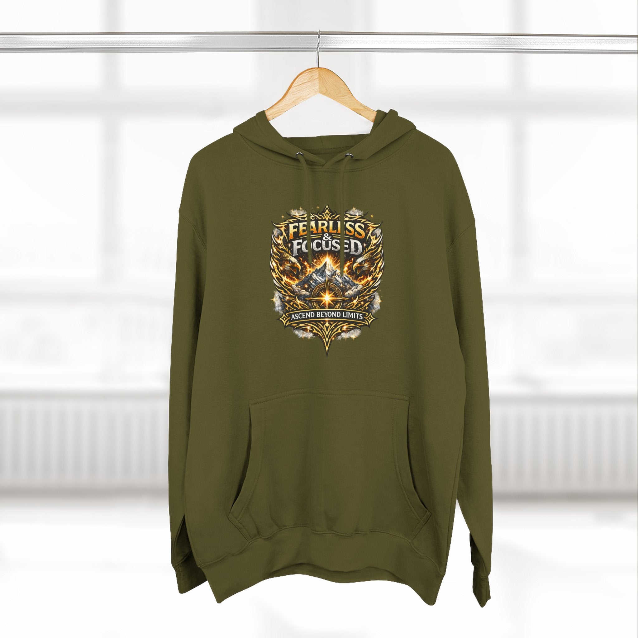 Fearless & Focused Shield Hoodie — Motivational Graphic Pullover