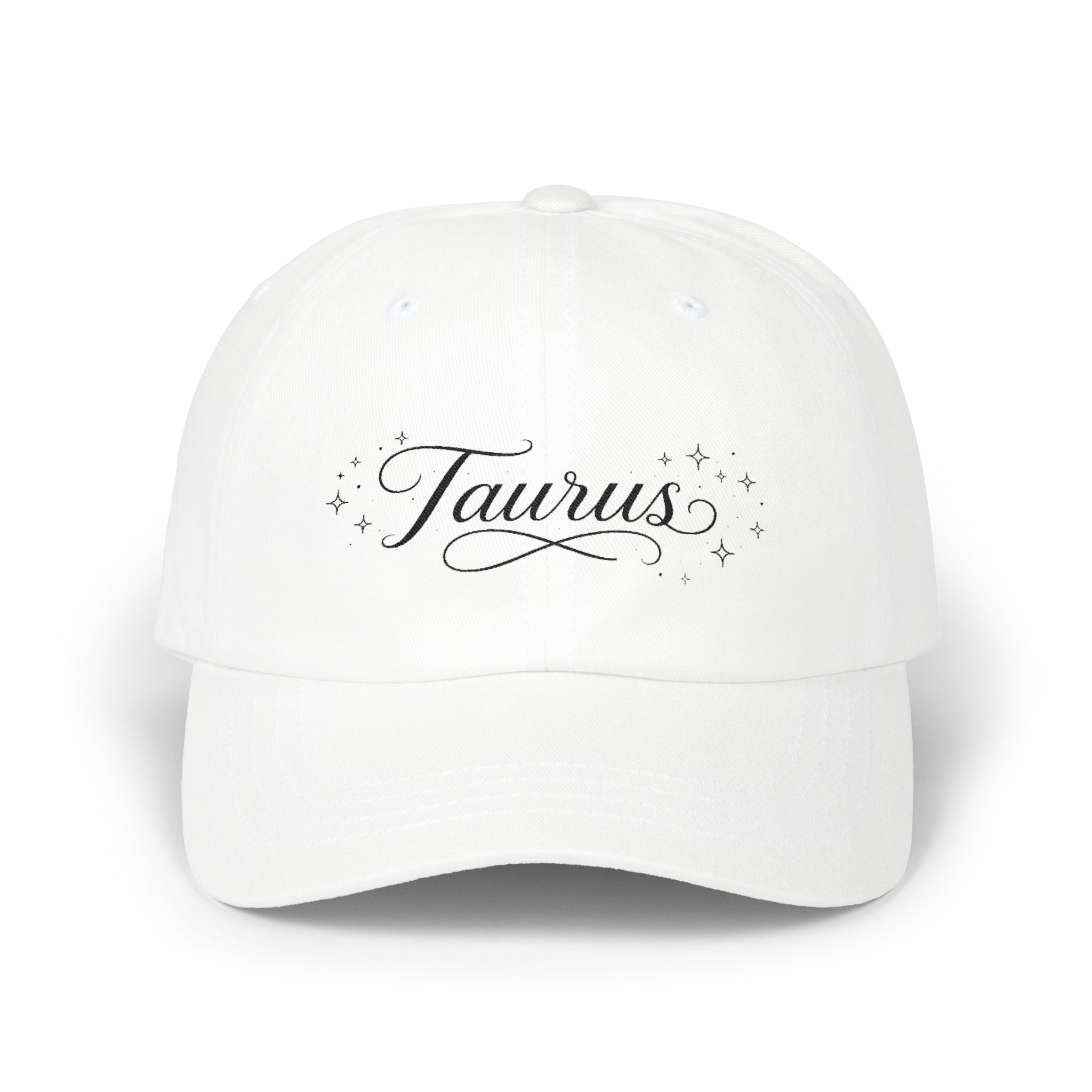 Taurus Dad Cap — Script Astrology Baseball Hat with Sparkle Accents