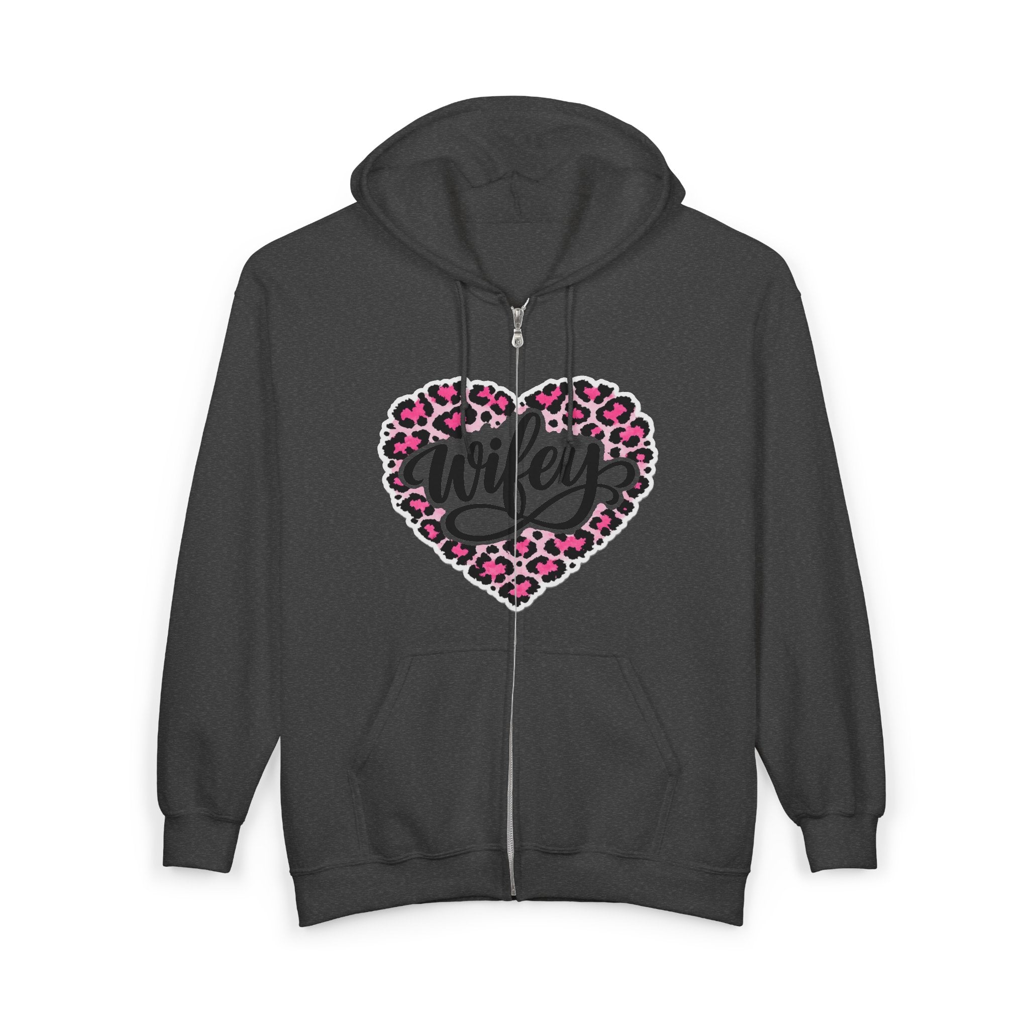 Wifey Leopard Heart Zip Hoodie — Pink Animal Print "Wifey" Full-Zip Sweatshirt