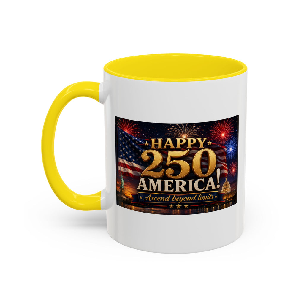 Happy 250 America Accent Coffee Mug — Patriotic Fireworks & Flag 11/15oz