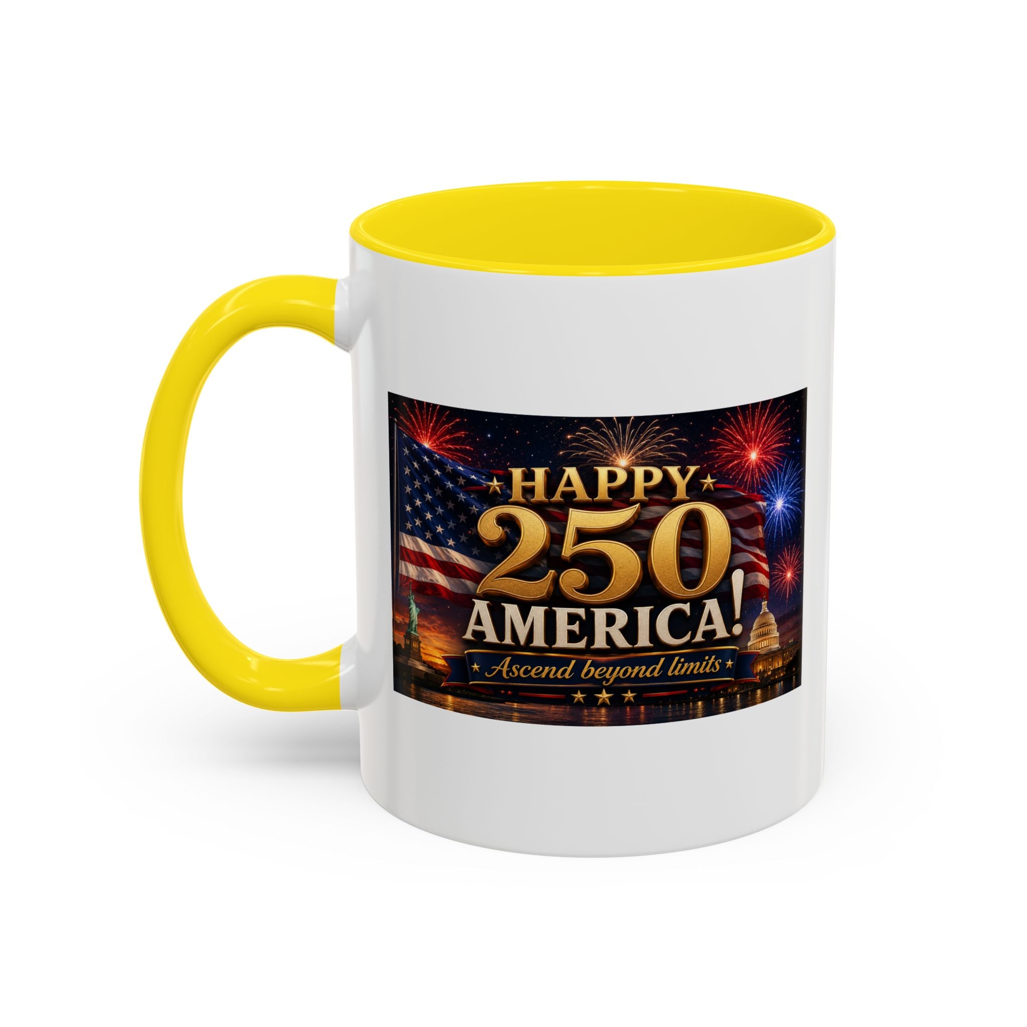 Happy 250 America Accent Coffee Mug — Patriotic Fireworks & Flag 11/15oz
