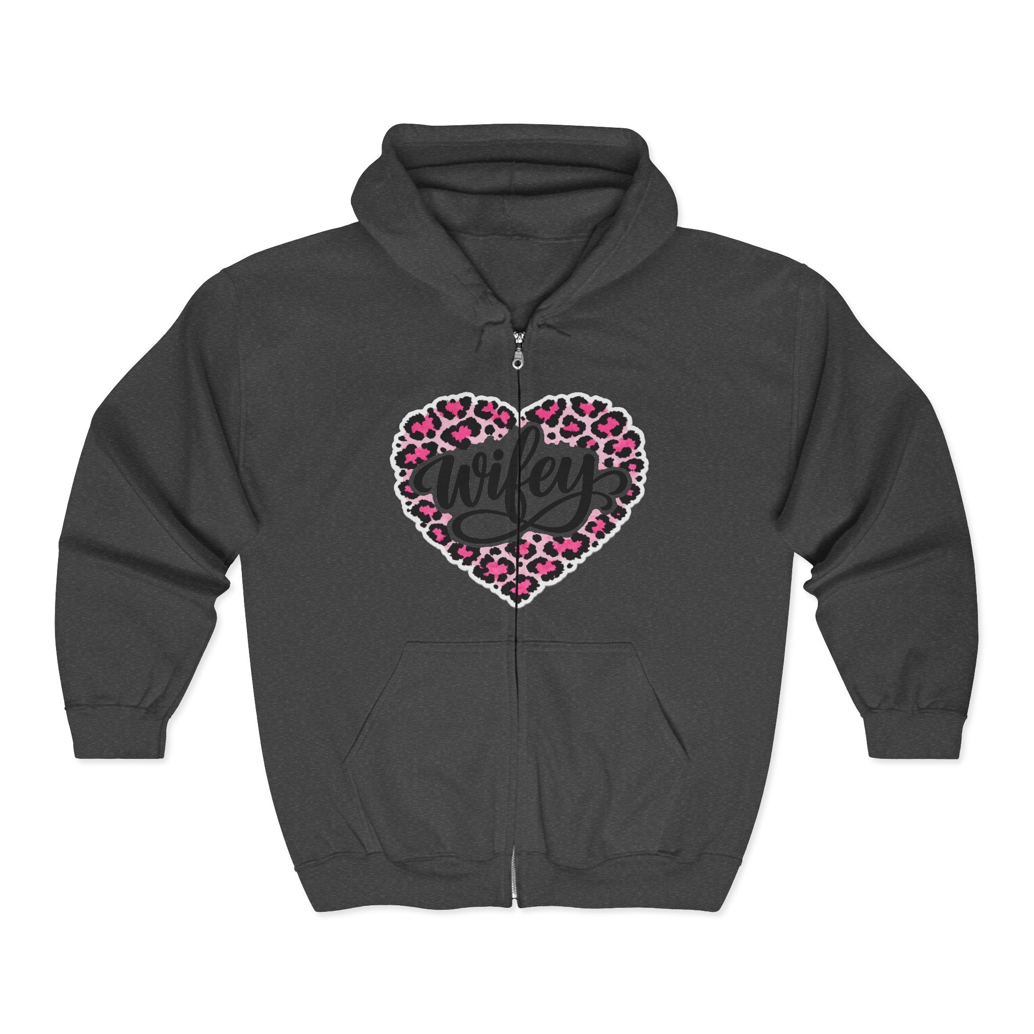 Wifey Leopard Heart Zip Hoodie — Pink Animal Print "Wifey" Full-Zip Sweatshirt