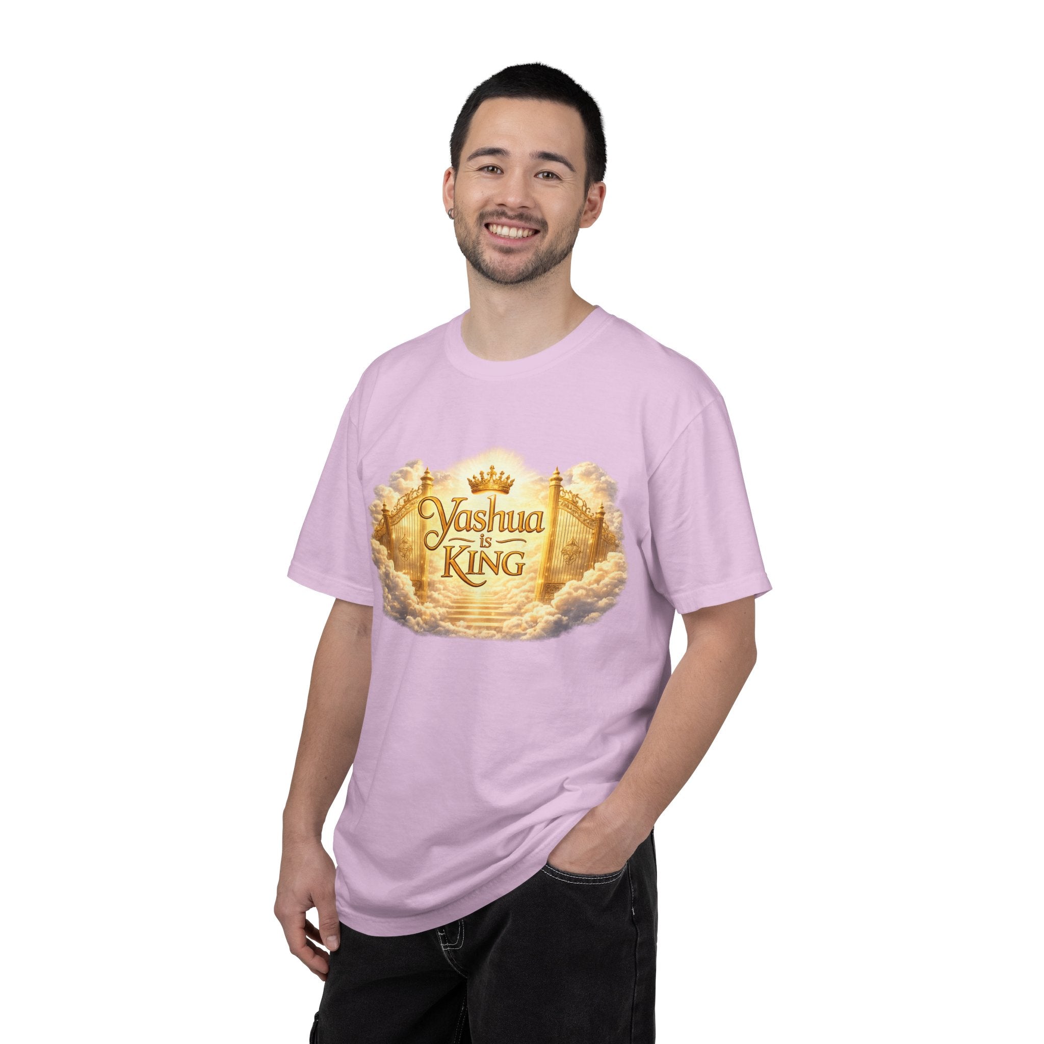 Yashua Is King T‑Shirt — Heavenly Gold Faith Tee (Back: "Ascend beyond limits")