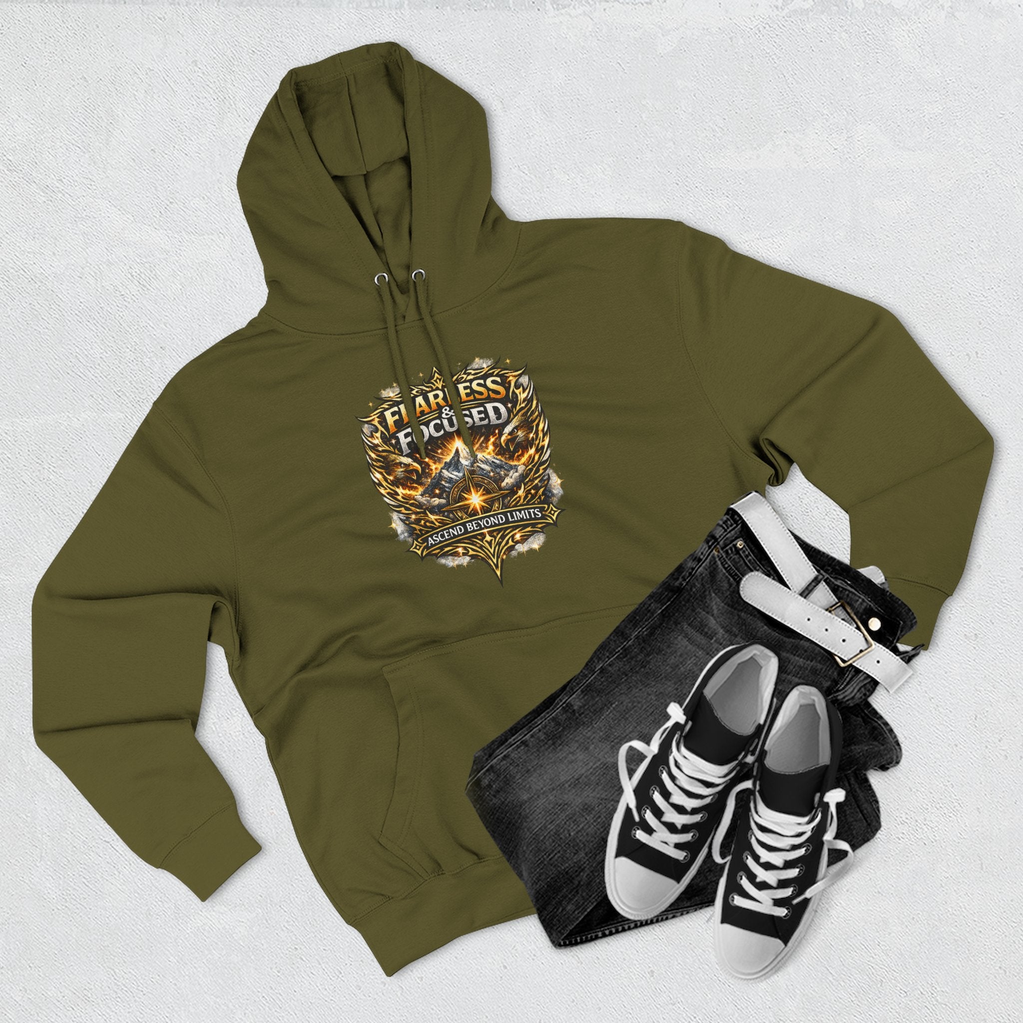 Fearless & Focused Shield Hoodie — Motivational Graphic Pullover