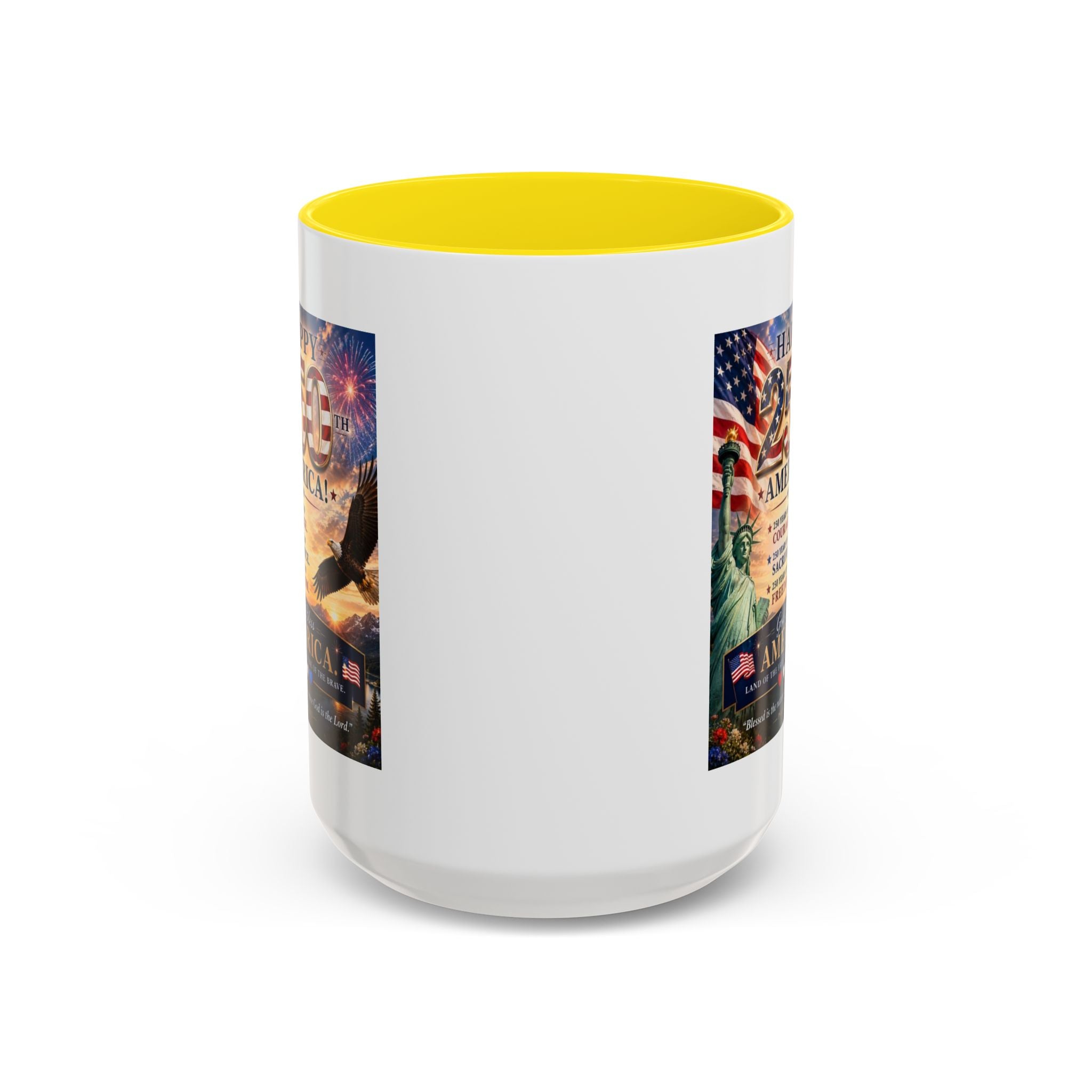 Happy 250th America Coffee Mug — Patriotic Statue of Liberty & Eagle 4th of July Gift