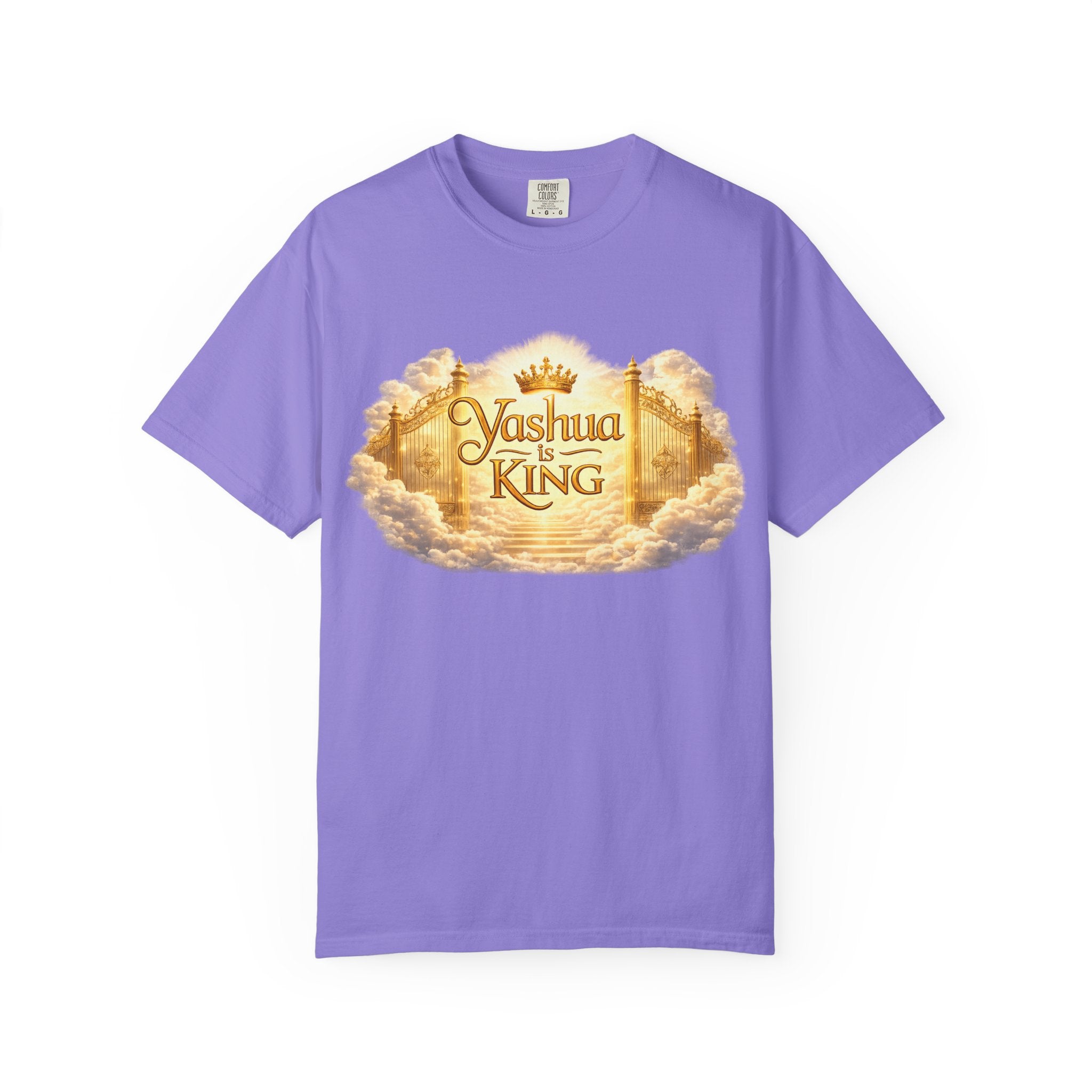 Yashua Is King T‑Shirt — Heavenly Gold Faith Tee (Back: "Ascend beyond limits")