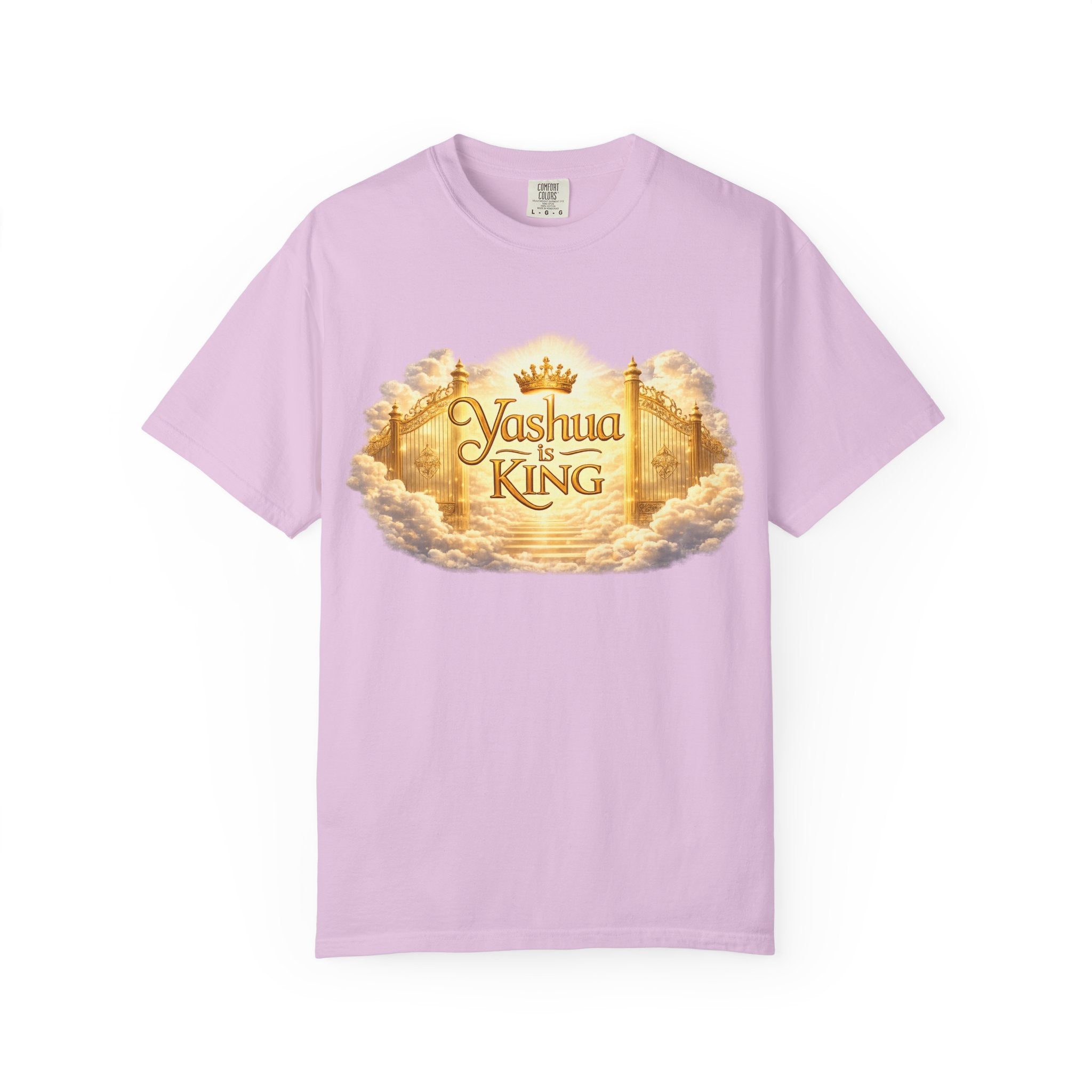 Yashua Is King T‑Shirt — Heavenly Gold Faith Tee (Back: "Ascend beyond limits")