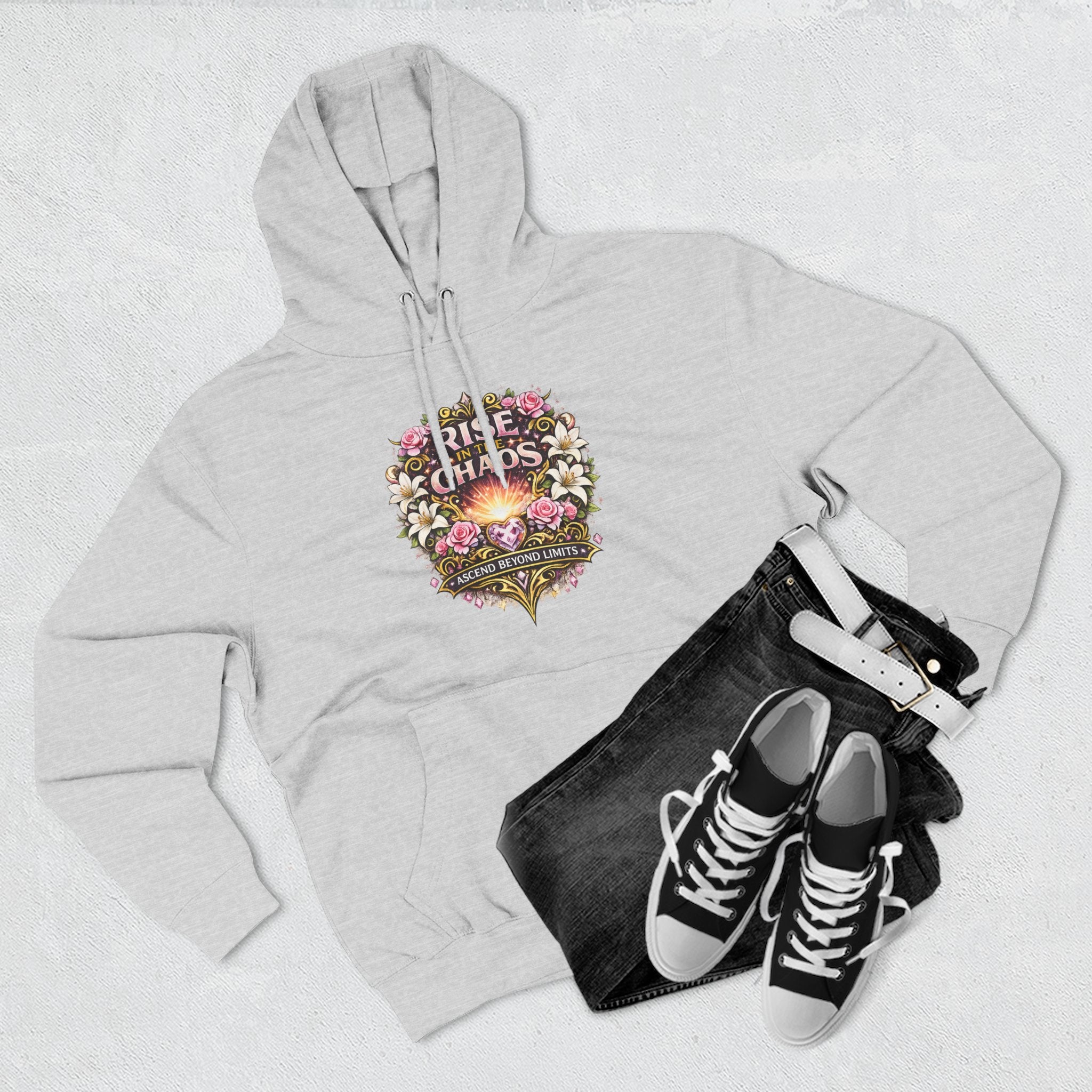 Floral 'Rise from Chaos' Hoodie — Vintage Crest Graphic Pullover