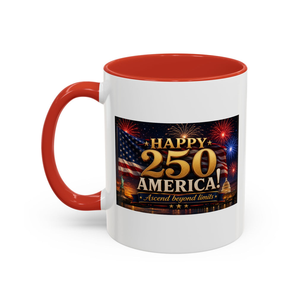 Happy 250 America Accent Coffee Mug — Patriotic Fireworks & Flag 11/15oz