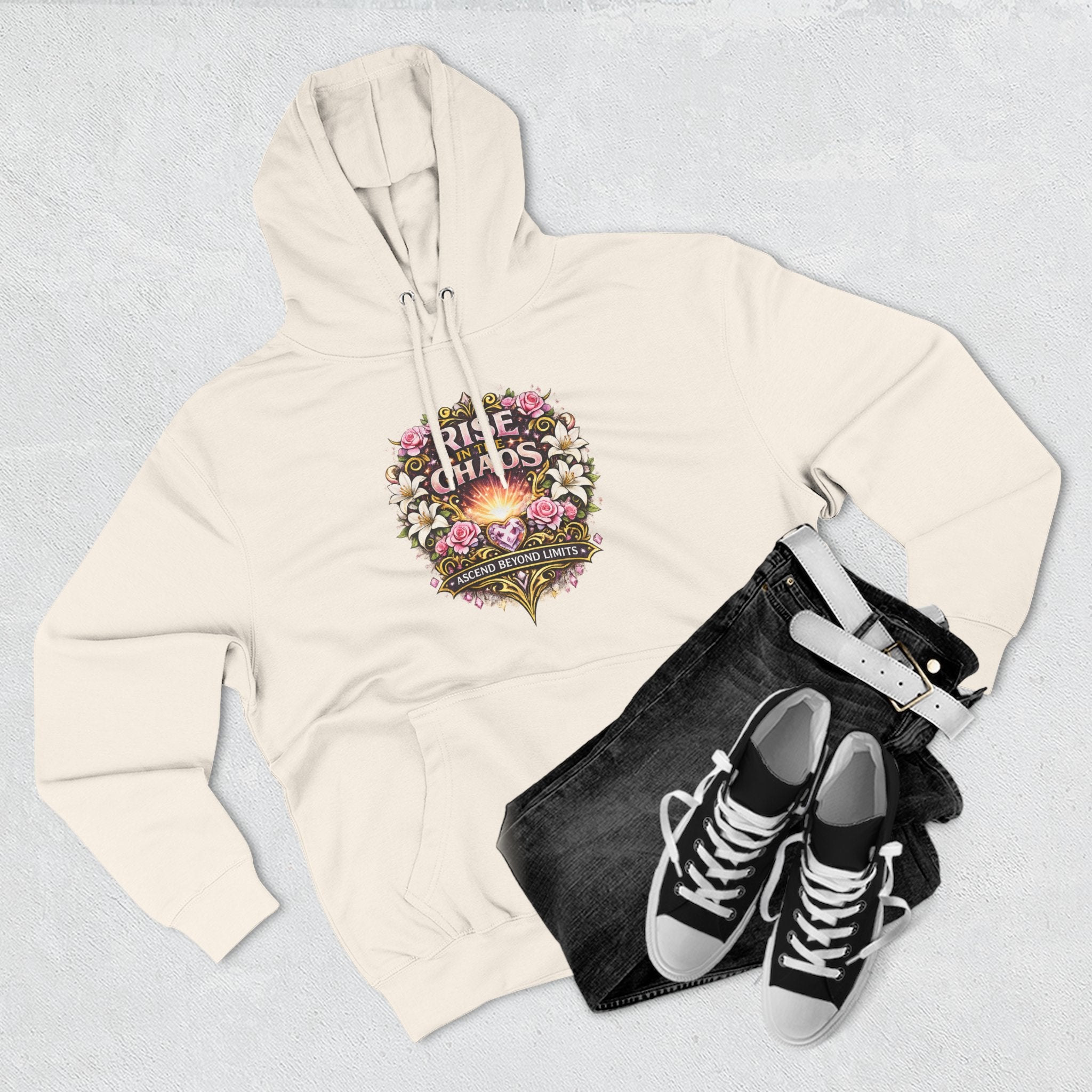 Floral 'Rise from Chaos' Hoodie — Vintage Crest Graphic Pullover