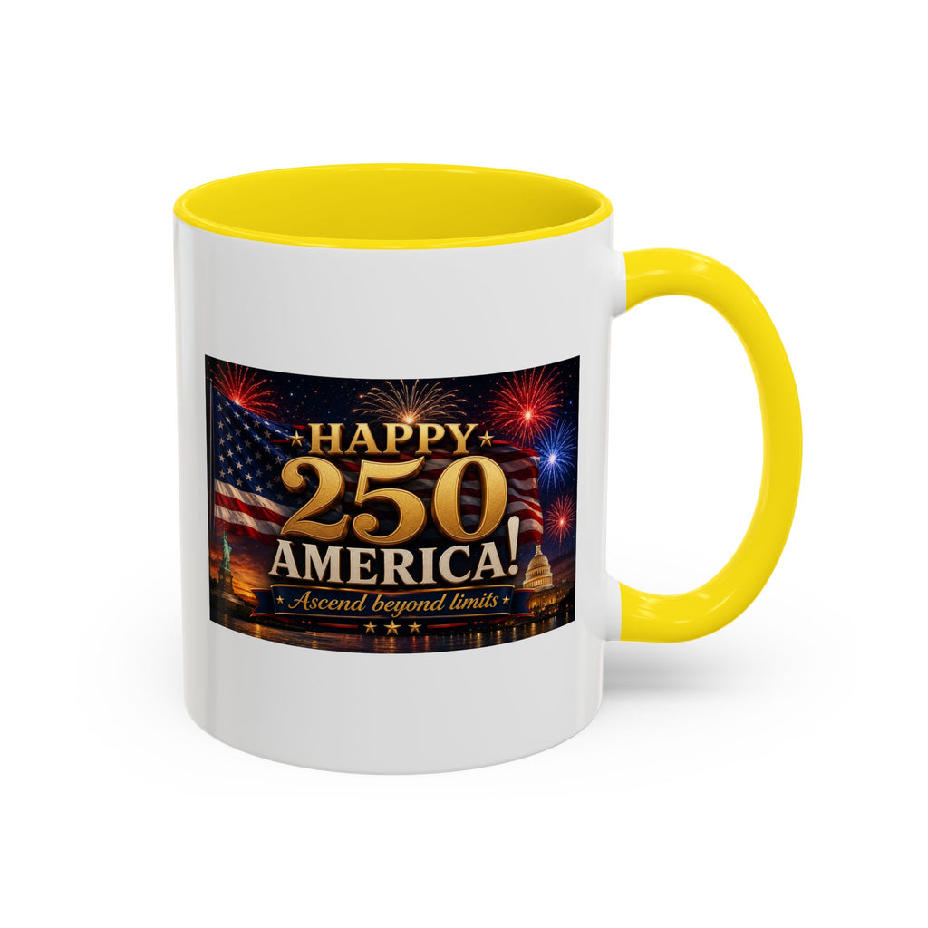 Happy 250 America Accent Coffee Mug — Patriotic Fireworks & Flag 11/15oz
