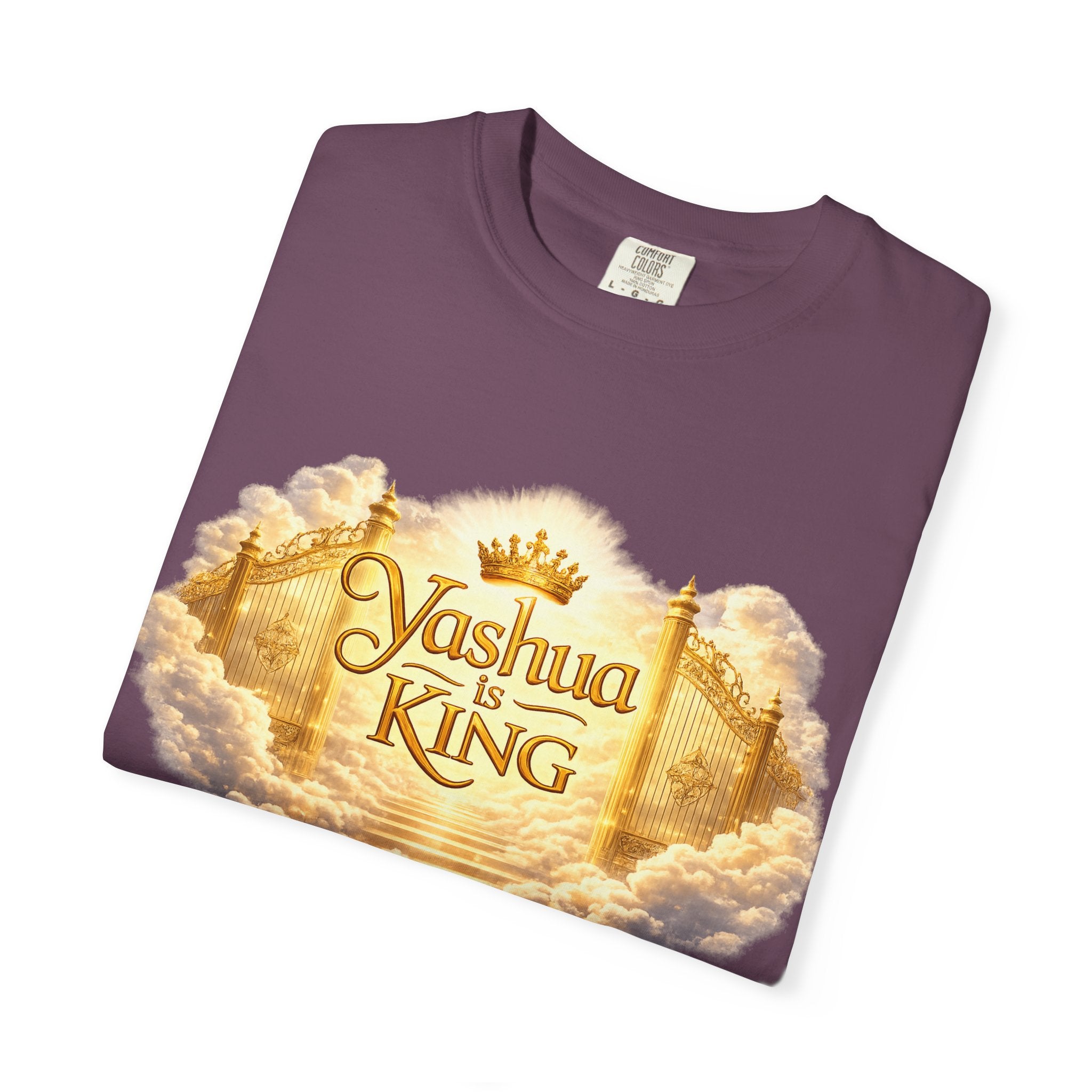 Yashua Is King T‑Shirt — Heavenly Gold Faith Tee (Back: "Ascend beyond limits")