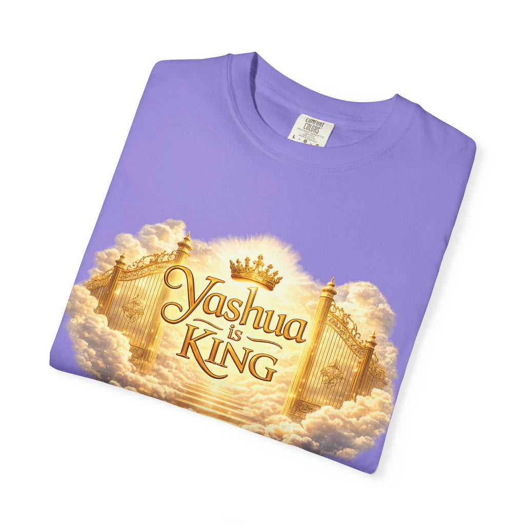 Yashua Is King T‑Shirt — Heavenly Gold Faith Tee (Back: "Ascend beyond limits")