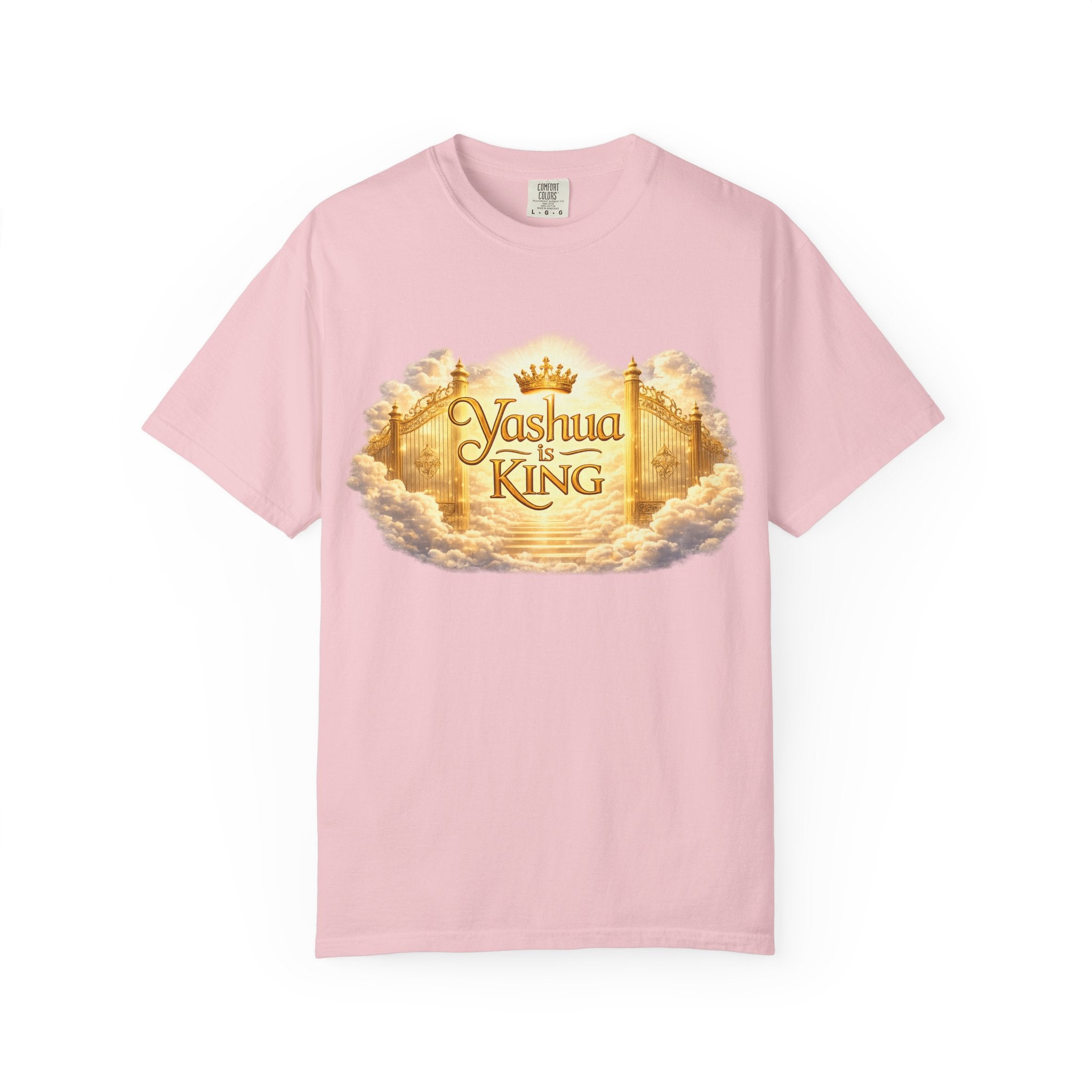 Yashua Is King T‑Shirt — Heavenly Gold Faith Tee (Back: "Ascend beyond limits")