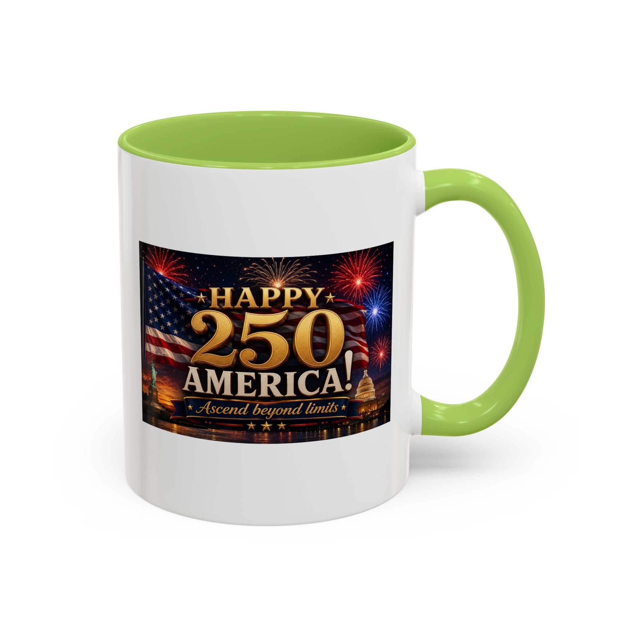 Happy 250 America Accent Coffee Mug — Patriotic Fireworks & Flag 11/15oz