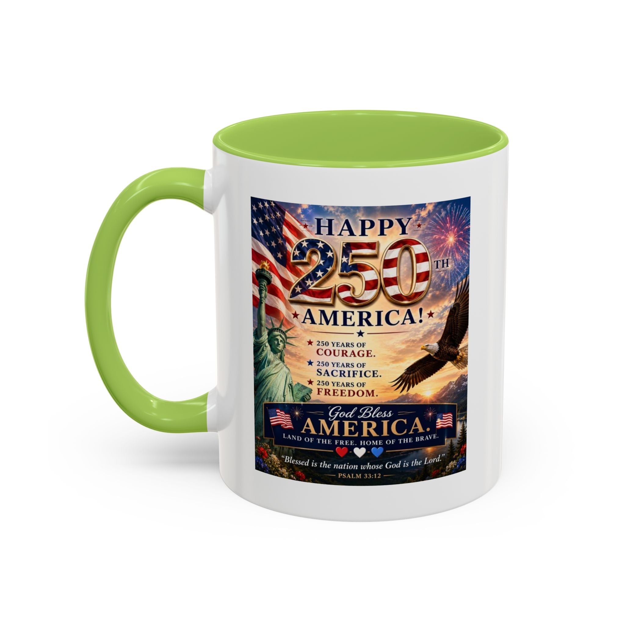Happy 250th America Coffee Mug — Patriotic Statue of Liberty & Eagle 4th of July Gift