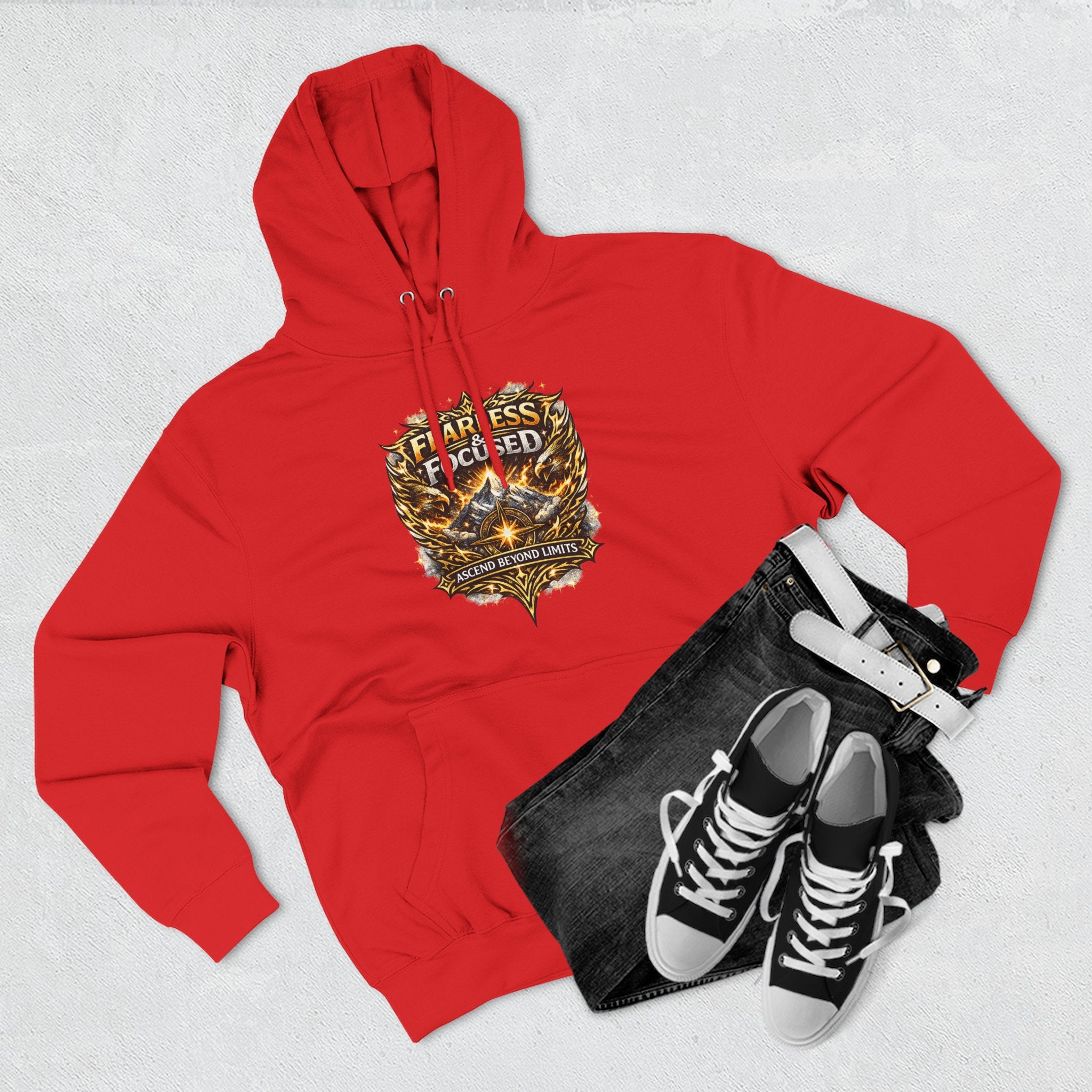 Fearless & Focused Shield Hoodie — Motivational Graphic Pullover