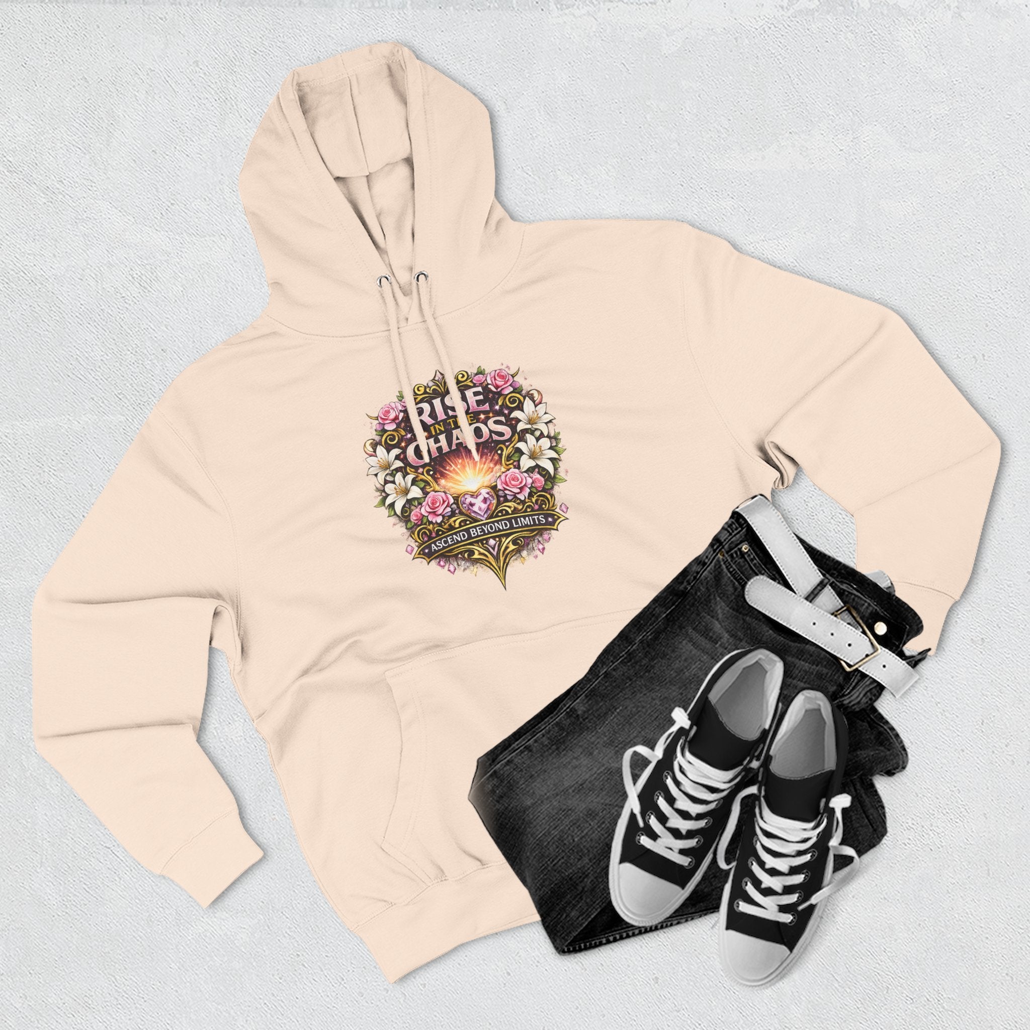 Floral 'Rise from Chaos' Hoodie — Vintage Crest Graphic Pullover