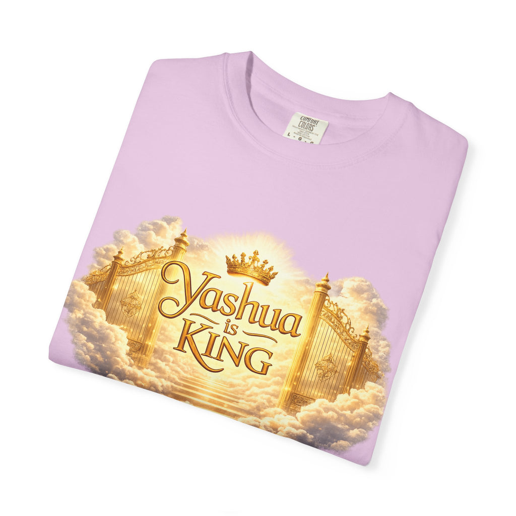 Yashua Is King T‑Shirt — Heavenly Gold Faith Tee (Back: "Ascend beyond limits")