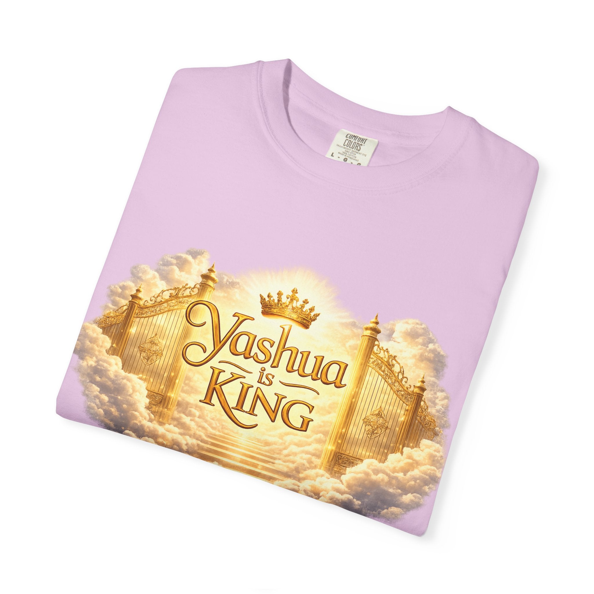 Yashua Is King T‑Shirt — Heavenly Gold Faith Tee (Back: "Ascend beyond limits")
