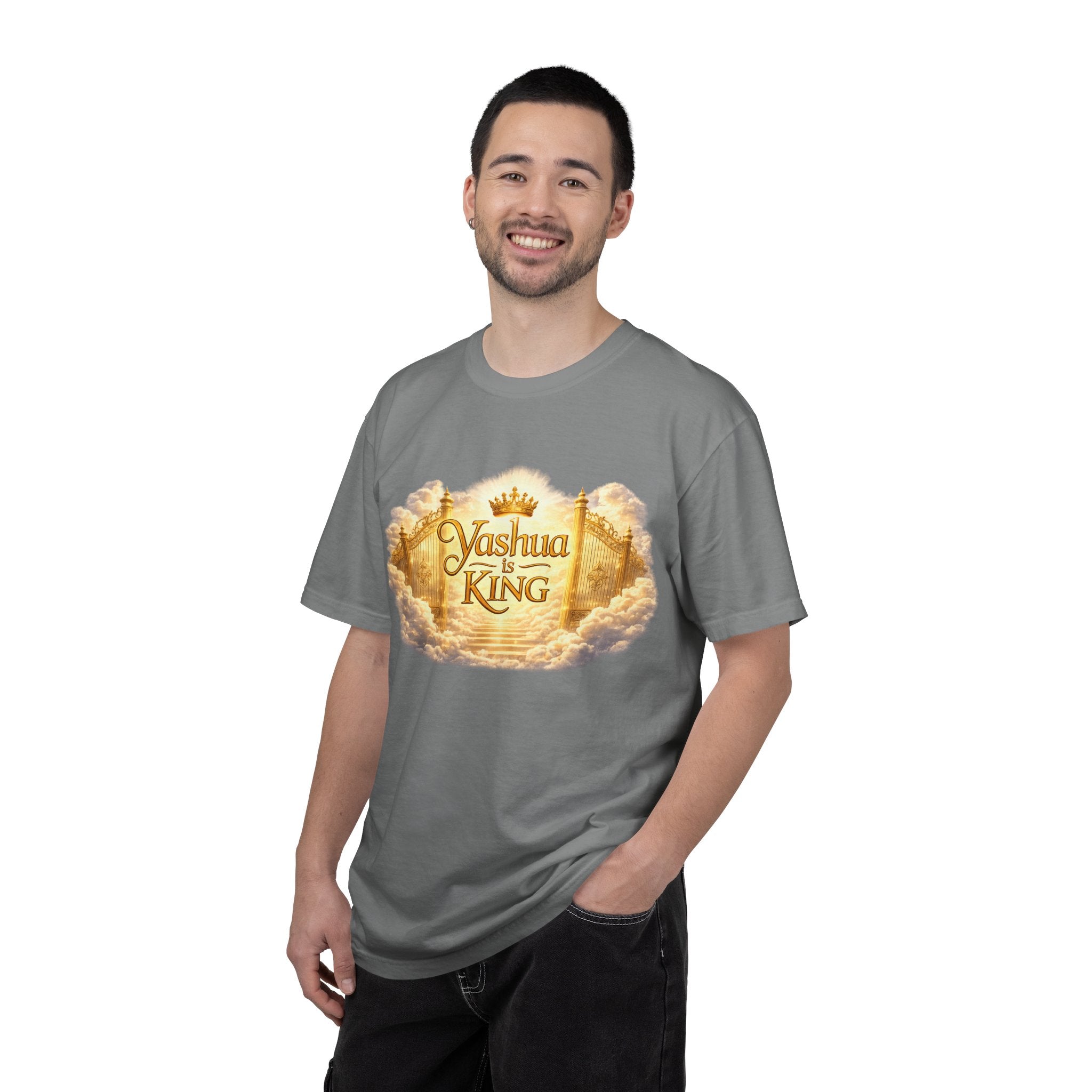 Yashua Is King T‑Shirt — Heavenly Gold Faith Tee (Back: "Ascend beyond limits")