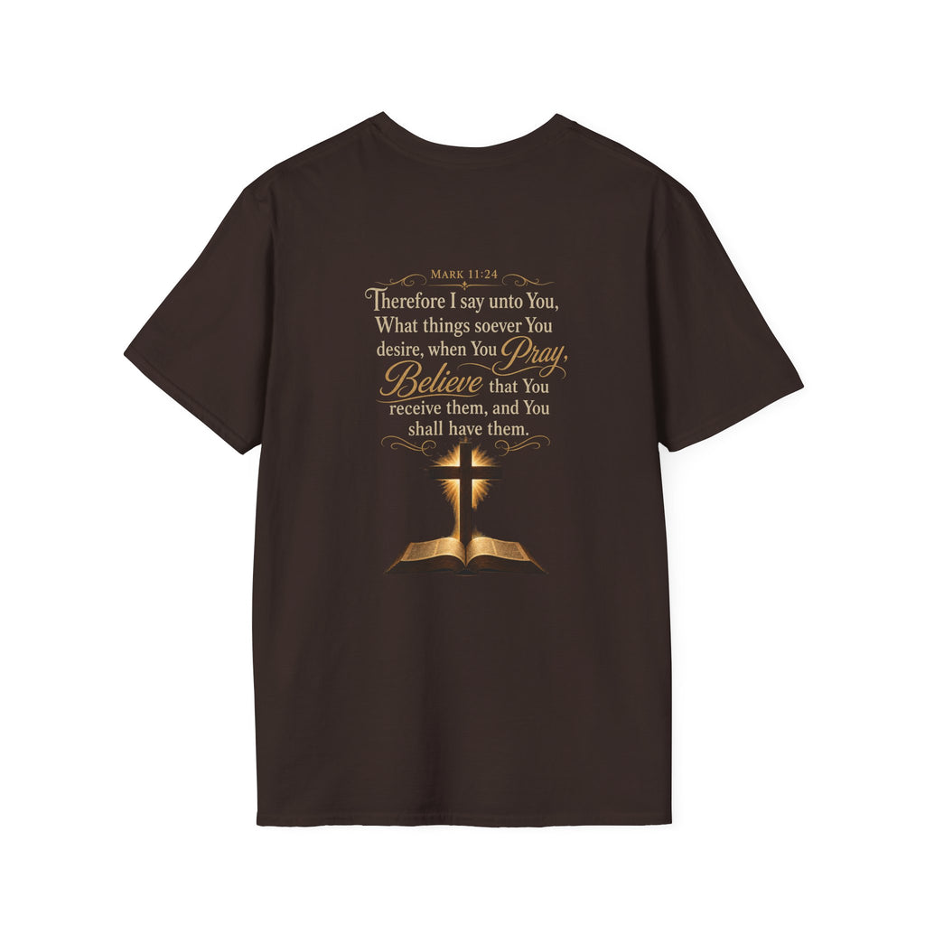 Prayer is  Power T-Shirt — Bible Verse Mark 11:24 on back of shirt