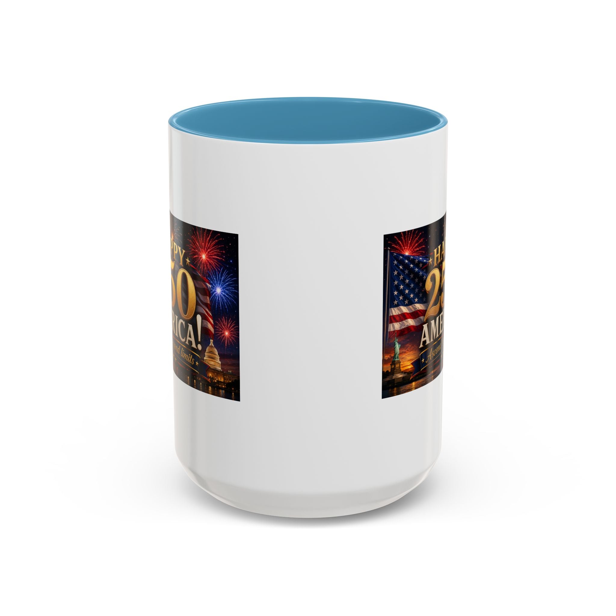 Happy 250 America Accent Coffee Mug — Patriotic Fireworks & Flag 11/15oz