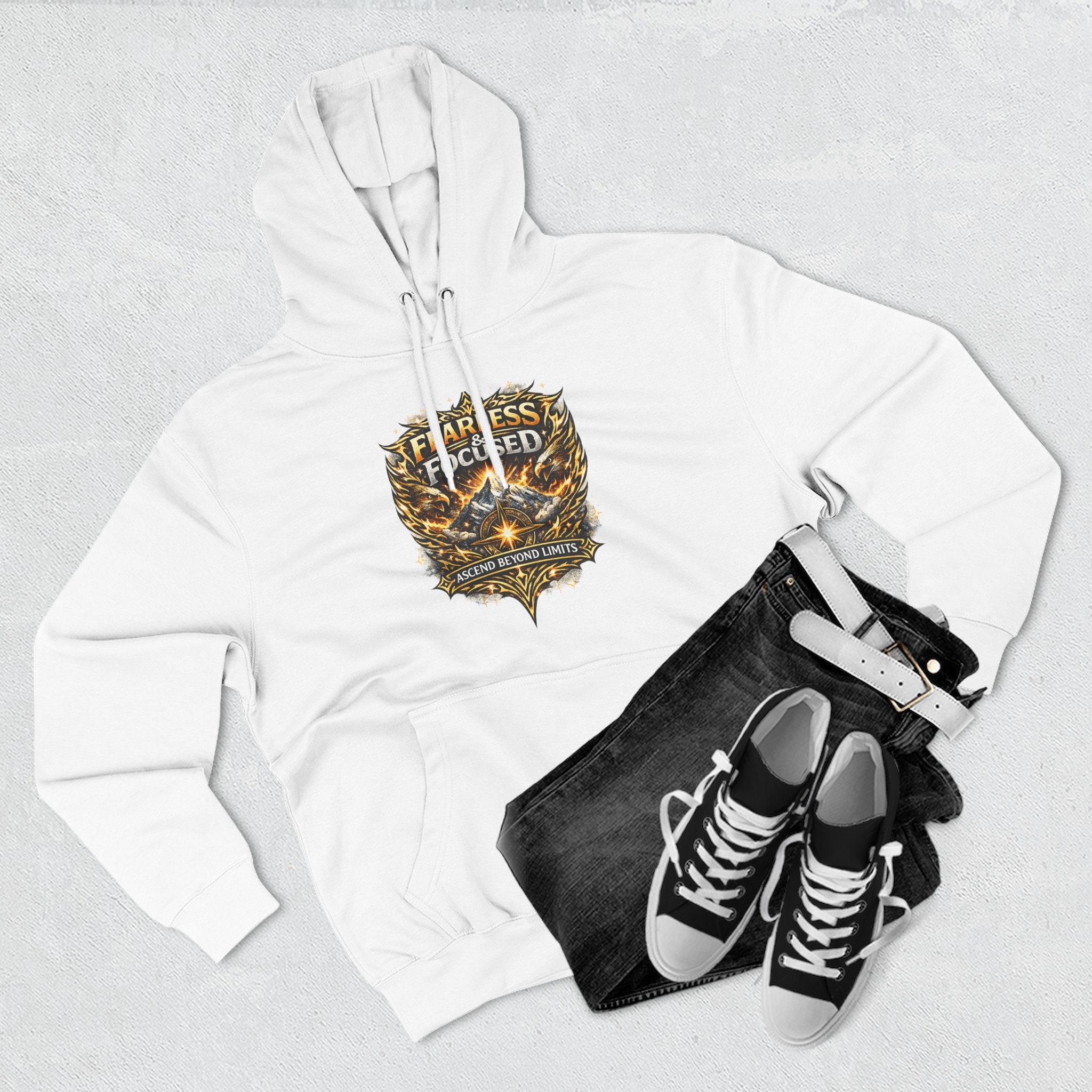Fearless & Focused Shield Hoodie — Motivational Graphic Pullover